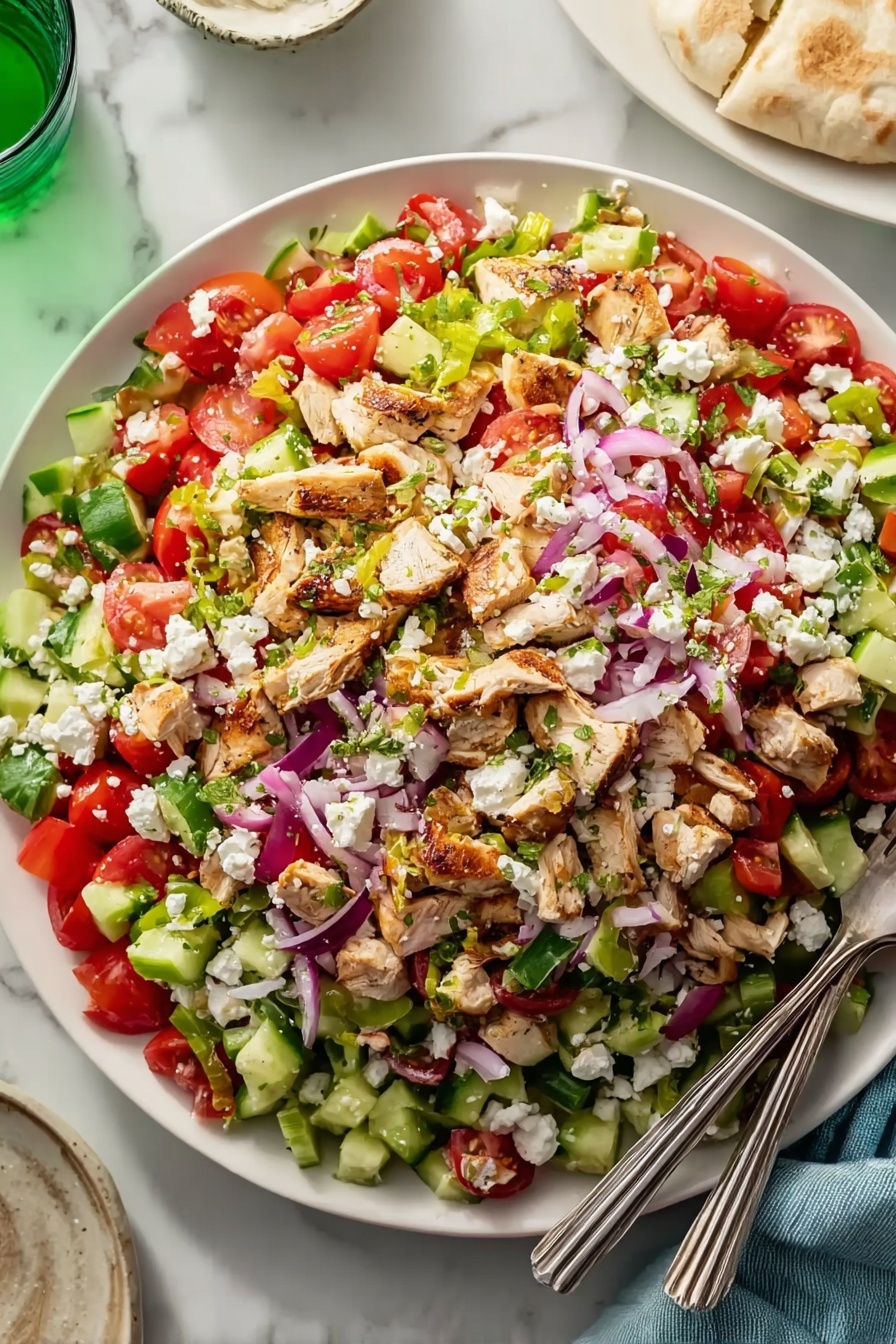 A large light blue plate holds a vibrant salad made of many layers and colors on a white marbled surface. The base layer is a mix of chopped green cucumbers and red tomatoes, creating a fresh texture. On top, there are pieces of cooked chicken with a light golden brown color, scattered evenly. Thin slices of purple-red onions are spread throughout, adding a sharp contrast. White crumbles of cheese are sprinkled all over, giving a soft and crumbly look. Two silver forks rest on the right side of the plate. In the scene, a green glass and a white plate with pita bread are also visible nearby. photo taken with an iphone --ar 2:3 --v 7