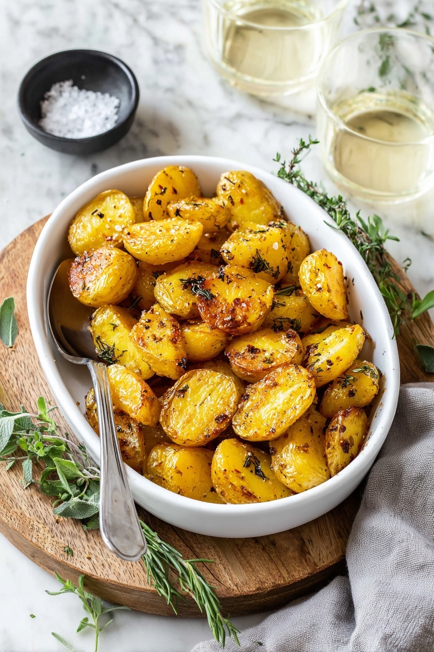 A white oval bowl filled with golden roasted potato pieces, each with a crispy, lightly browned skin and a soft, fluffy inside visible on one piece held by a fork in the center. The potatoes are seasoned with black pepper and small green herb bits scattered on top. The bowl sits on a light wooden round board, with some green herbs around it. The background is a white marbled texture. Photo taken with an iphone --ar 2:3 --v 7