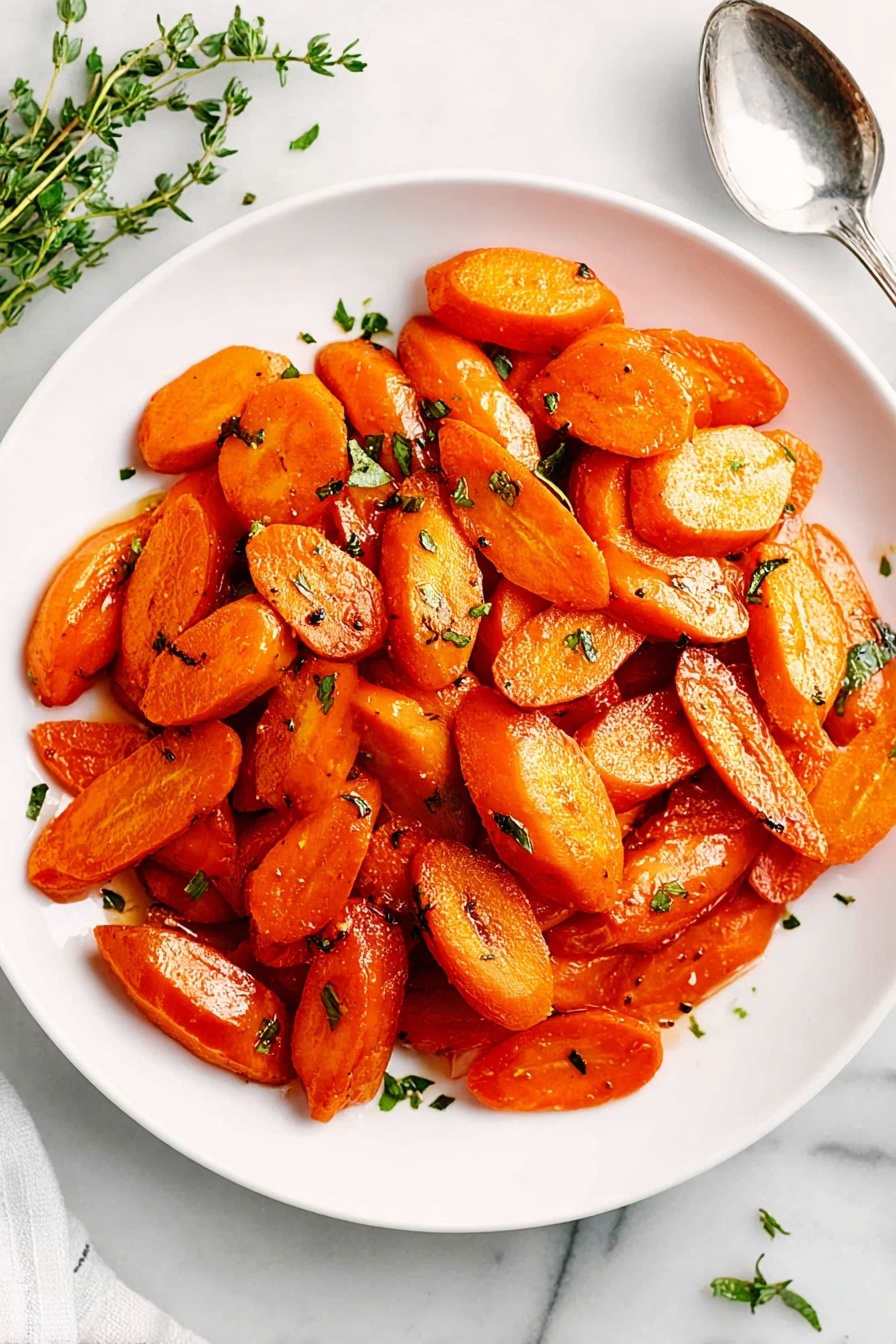 A white bowl filled with two layers of glazed carrots. The carrots are mostly orange with a shiny texture from the glaze, giving them a moist and slightly sticky appearance. They are cut into medium-size pieces, some oval and some slightly angled, scattered throughout the bowl. Small green parsley leaves are sprinkled on top, adding fresh color contrast. The bowl sits on a white marbled surface with a few sprigs of fresh parsley nearby. Photo taken with an iphone --ar 2:3 --v 7