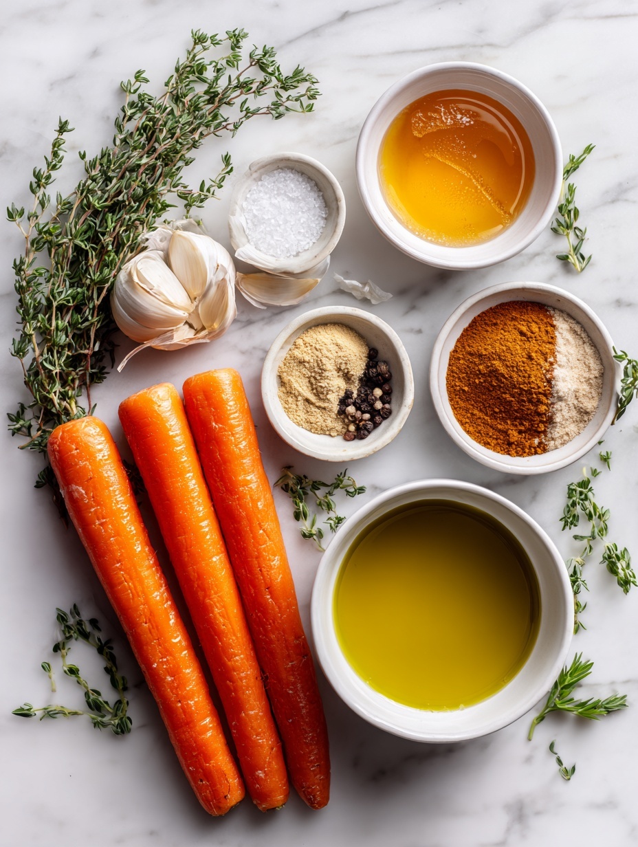 Flat lay of peeled whole carrots with vibrant orange color, three whole garlic cloves with papery skins intact, a small white ceramic bowl of golden honey, a small white ceramic bowl containing melted butter with a glossy surface, a small white ceramic bowl of rich green olive oil, a small white ceramic bowl with warm brown ground cinnamon powder, a small white ceramic bowl with light beige ground ginger powder, a small white ceramic bowl of coarse white salt, a small white ceramic bowl of freshly ground black peppercorns, and a few sprigs of fresh green parsley and thyme herbs all arranged symmetrically and balanced, placed on a clean white marble surface, soft natural light, photo taken with an iPhone, professional food photography style, fresh ingredients, white ceramic bowls, no bottles, no duplicates, no utensils, no packaging --ar 2:3 --v 7 --p m7354615311229779997