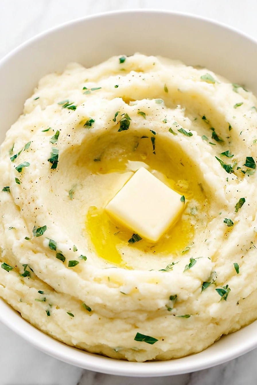 A white bowl filled with a creamy, light beige mashed potato dish, showing a smooth and slightly fluffy texture with visible small green herb pieces scattered throughout. The mashed potatoes have a shallow well in the center holding a melting square pat of yellow butter that shines with a small pool of melted butter around it. The dish is placed on a white marbled surface. photo taken with an iphone --ar 2:3 --v 7