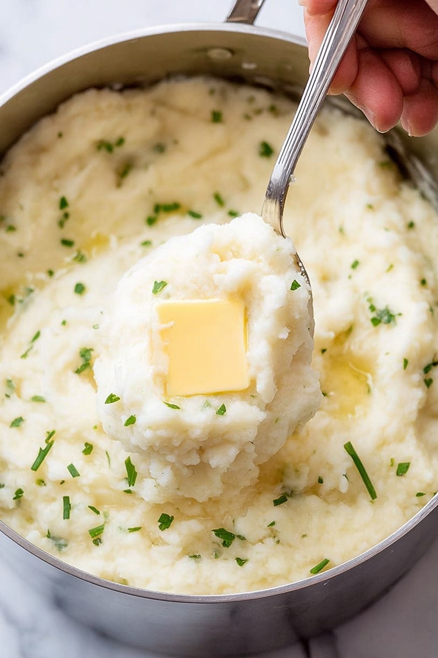 A close-up of a shiny silver pot filled with creamy mashed potatoes that have a smooth, fluffy texture and a light off-white color. The top layer is dotted with small green herb pieces scattered evenly. A spoon held by a woman's hand is lifting a scoop of the mashed potatoes from the pot, displaying a small square of melting pale yellow butter resting on the surface of the scoop. The background shows a white marbled surface beneath the pot. photo taken with an iphone --ar 2:3 --v 7