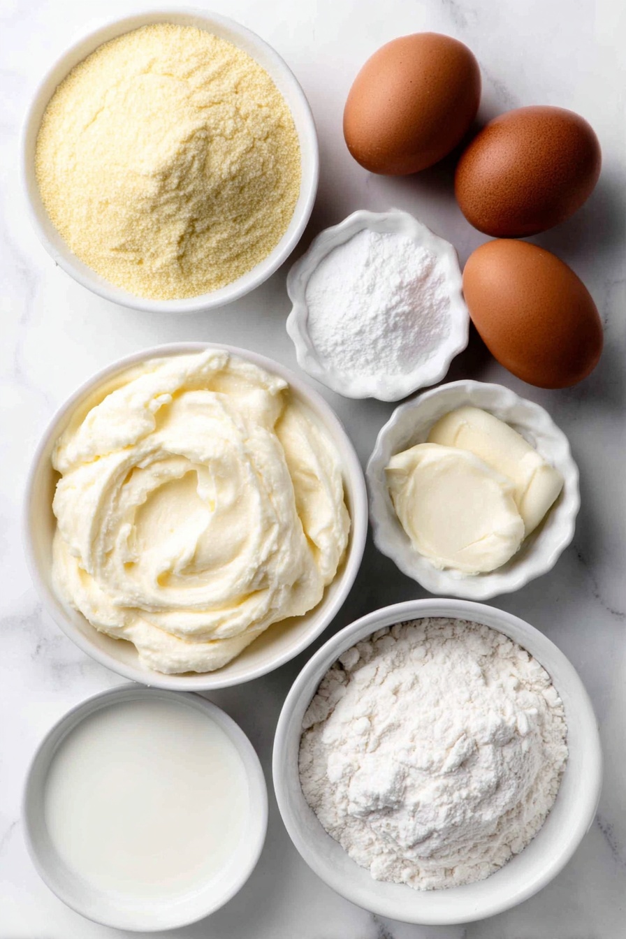 Flat lay of a small white ceramic bowl filled with medium grind yellow cornmeal, a small white ceramic bowl of plain all-purpose flour, a small white ceramic bowl holding white granulated sugar, a small white ceramic bowl containing fine white baking powder powder, a tiny pinch of white salt on the side of a white ceramic dish, a small white ceramic bowl with creamy yellow melted butter, two whole uncracked brown eggs with clean shells, a small white ceramic bowl of smooth yellow creamed corn, a small white ceramic bowl of fresh milk, arranged in perfect symmetry and realistic proportions, placed on a clean white marble surface, soft natural light, photo taken with an iPhone, professional food photography style, fresh ingredients, white ceramic bowls, no bottles, no duplicates, no utensils, no packaging --ar 2:3 --v 7 --p m7354615311229779997