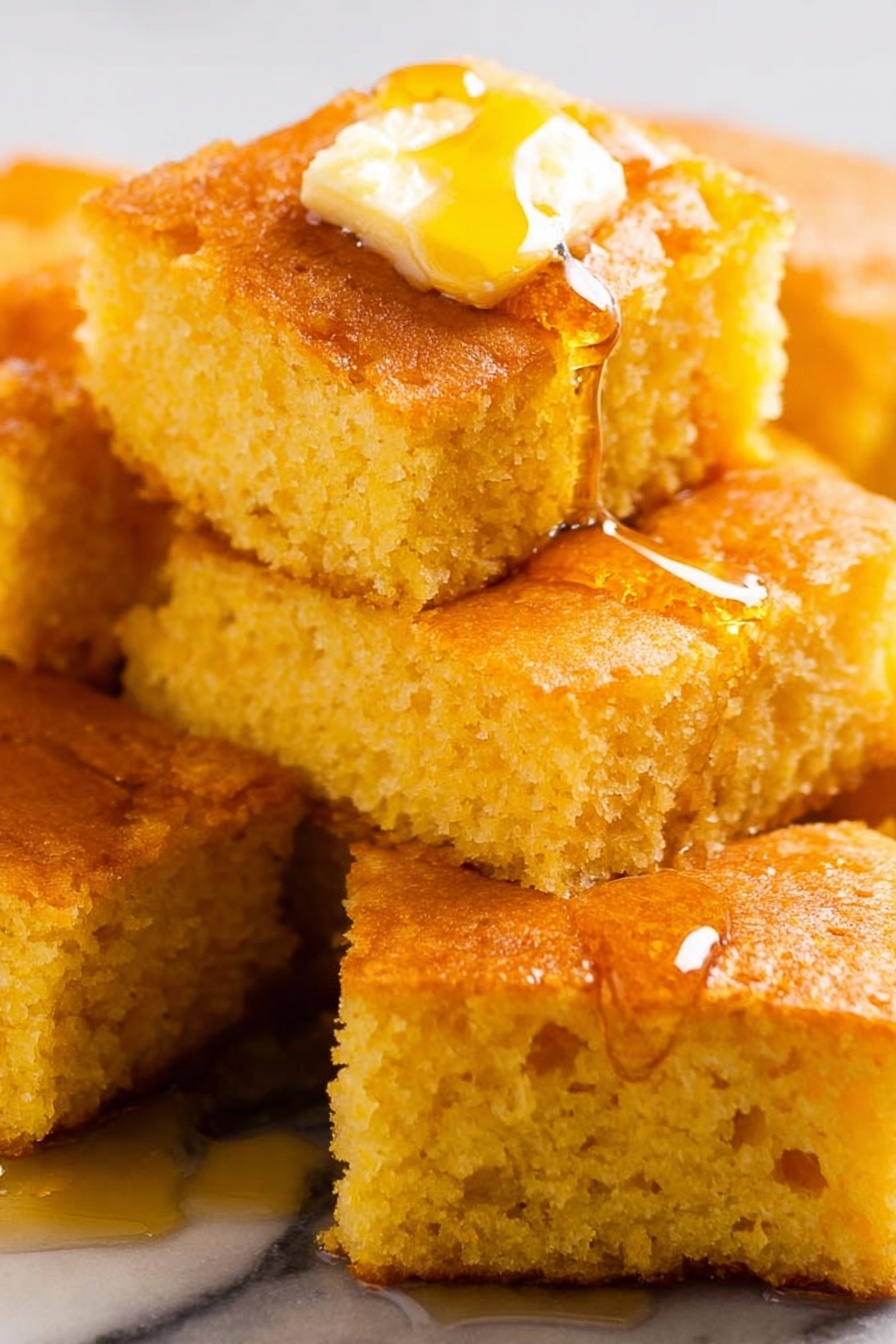 A close-up image of a piece of cornbread held by a woman's hand. The cornbread has two main layers: the top layer is golden yellow with a soft, crumbly texture and a small melting pool of light yellow butter in the middle, while the bottom layer is slightly lighter yellow with a moist, dense crumb. In the blurry background, whole pieces of similar cornbread are stacked, showing a warm golden brown crust on top and a soft yellow inside. The image is set on a white marbled surface. Photo taken with an iphone --ar 2:3 --v 7