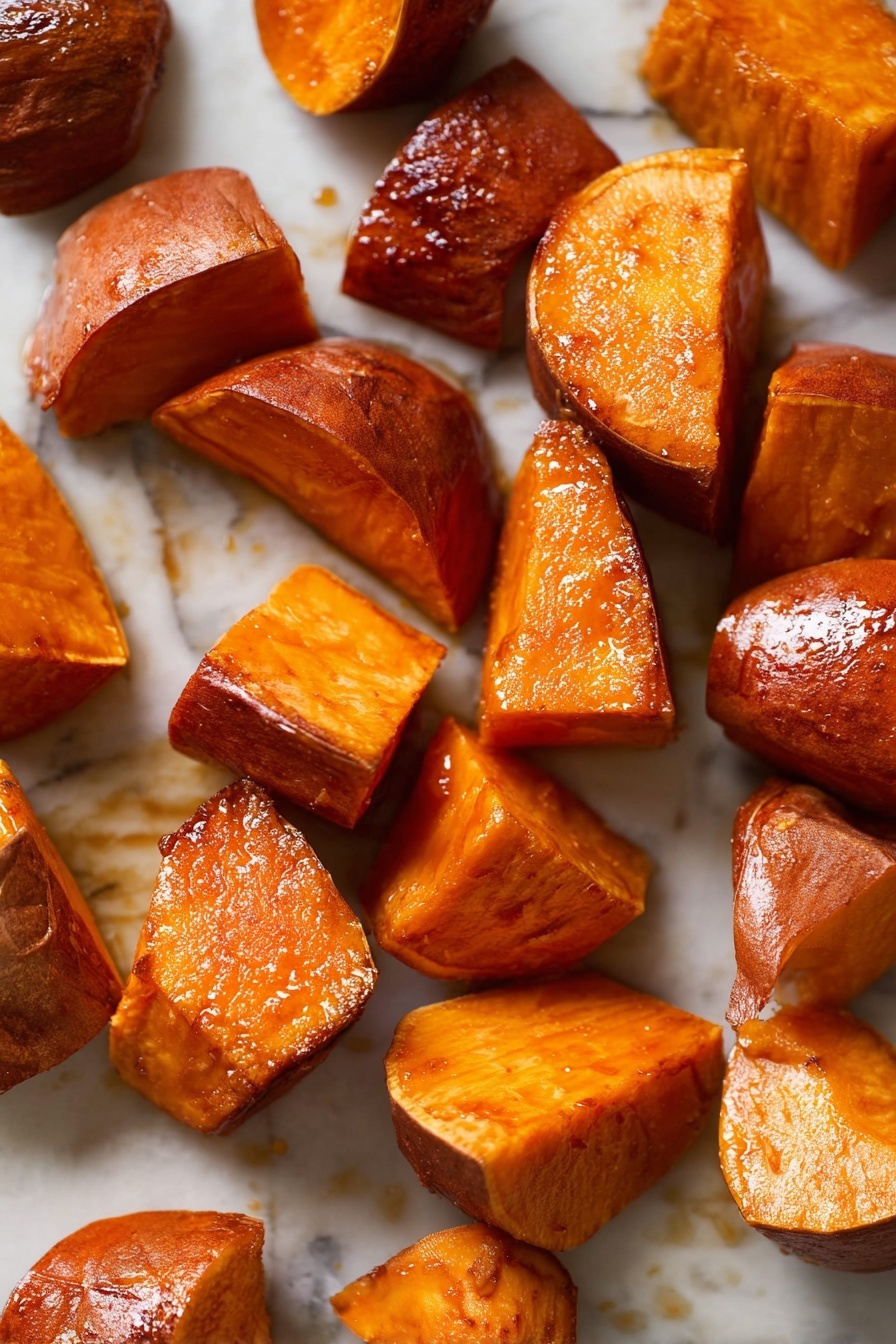 The image shows a close-up of several pieces of roasted sweet potatoes scattered on a white marbled surface. Each piece is cut into irregular chunks with orange flesh and slightly darker brownish-orange skin. The surface of the sweet potatoes looks shiny and glazed in parts, showing a slightly sticky texture that catches the light. The sweet potatoes are placed randomly, some lying flat while others are tilted, showing both the bright inside and the textured skin. photo taken with an iphone --ar 2:3 --v 7