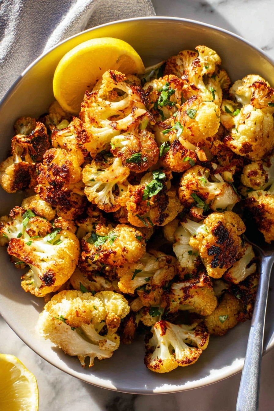 A white bowl filled with two layers of roasted cauliflower florets. The cauliflower is golden brown with dark toasted edges, showing a mix of crispy texture and tender white centers. Small pieces of green herbs are sprinkled on top, adding color contrast. A half slice of lemon with a pale yellow hue rests on the side of the bowl. The bowl sits on a white marbled surface with soft daylight falling on the cauliflower, bringing out the warm tones and slight shadows. Photo taken with an iphone --ar 2:3 --v 7