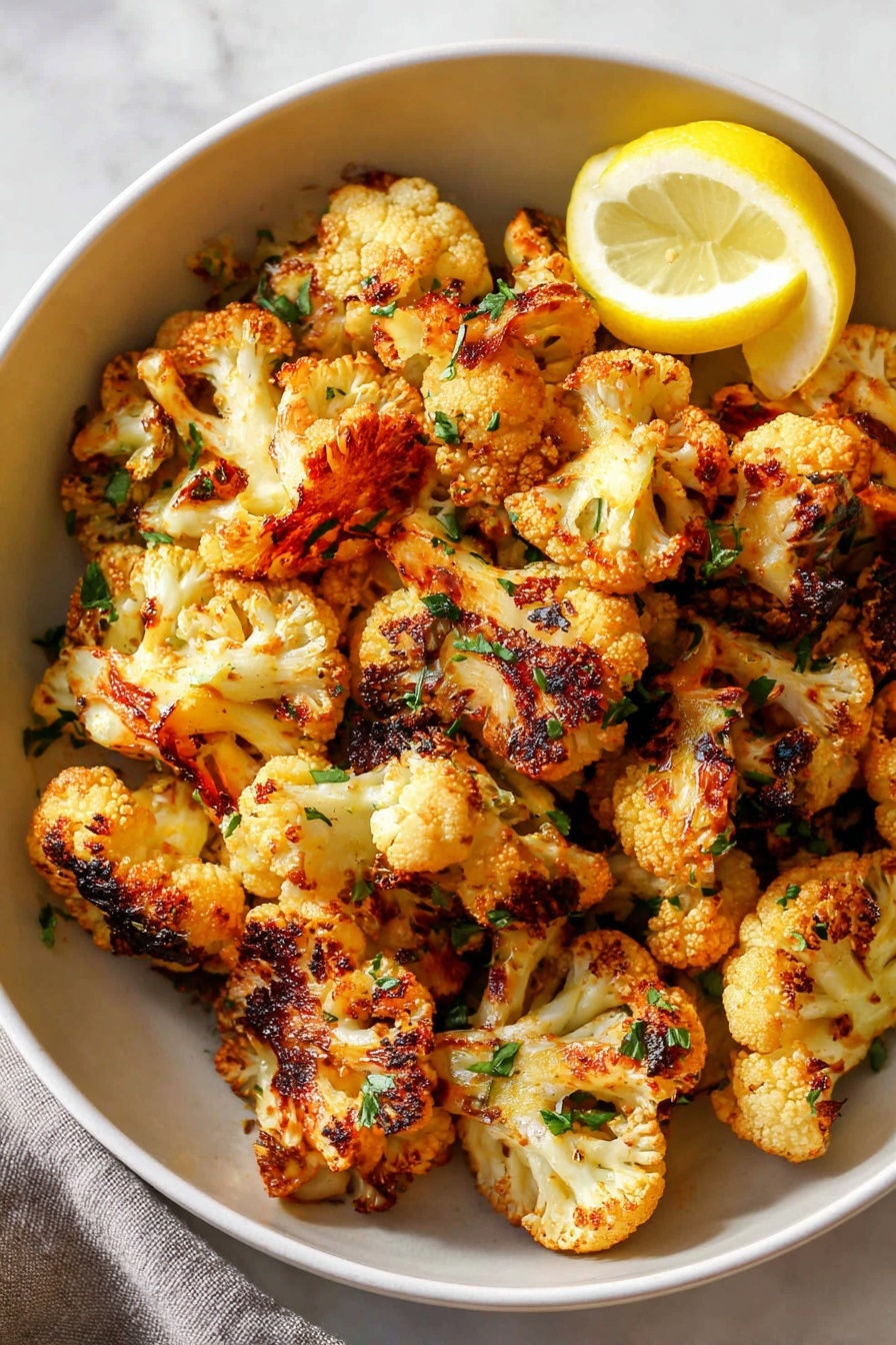 The dish shows a bowl full of roasted cauliflower pieces, about two layers high, with a golden brown and slightly charred texture on the edges. The cauliflower has a mix of light orange and deep brown colors from roasting, sprinkled with small bits of green herbs throughout. A silver spoon is placed on the right side inside the white bowl, which rests on a white marbled surface. The overall look is warm and crispy with visible crispy edges and charred spots on the cauliflower. Photo taken with an iphone --ar 2:3 --v 7