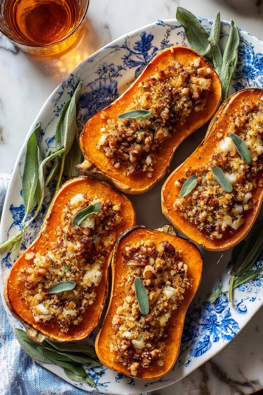 Five halves of roasted butternut squash are filled with a crumbly topping of chopped nuts and breadcrumbs, sprinkled with small green sage leaves. The squash flesh is bright orange and soft, framed by light brown skin edges. The white plate with a blue floral pattern holds the squash halves close together, some resting on fresh sage sprigs. The background shows a white marbled surface with a glass of amber liquid nearby. The photo taken with an iphone --ar 2:3 --v 7