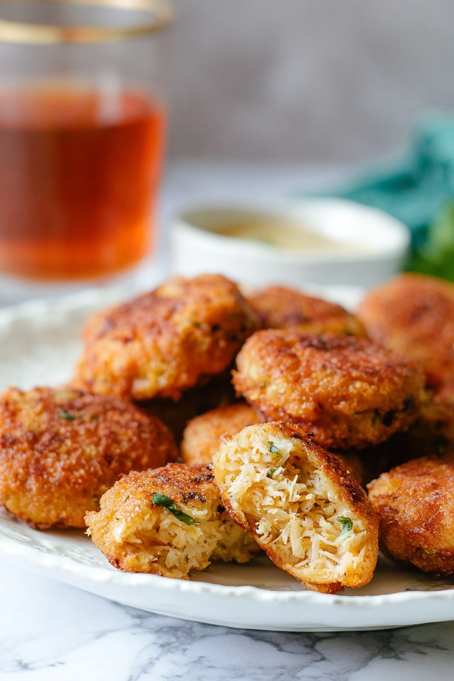 The image shows a white plate full of golden brown fried patties with a crunchy texture. In the front, one patty is broken in half, showing a soft, shredded inside with a mix of light beige and white shades. The patties are uneven in shape, stacked casually on the plate. In the background, there is a blurry clear glass filled with a dark reddish liquid and a small bowl with beige sauce, all set on a white marbled surface. photo taken with an iphone --ar 2:3 --v 7
