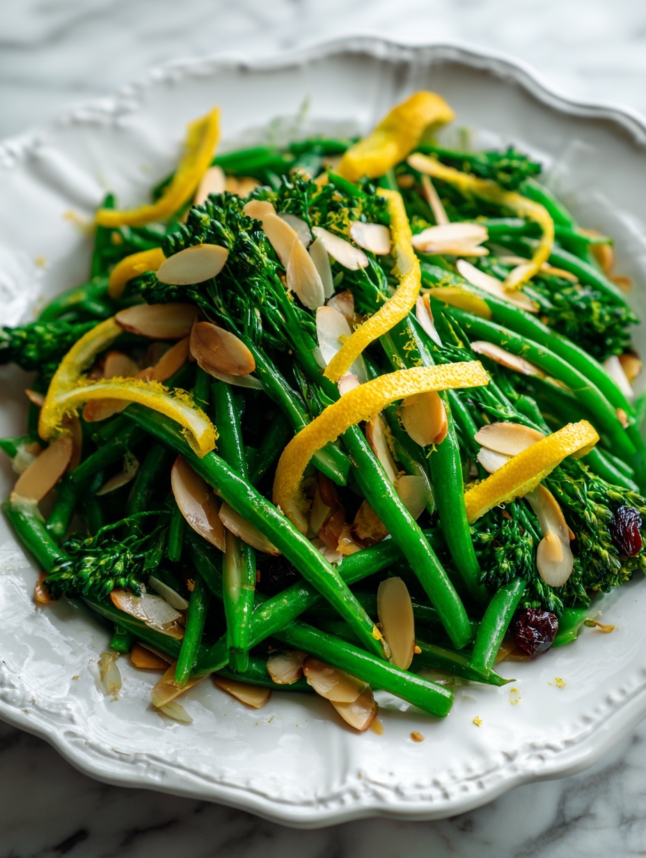 A white scalloped plate holds a fresh green vegetable salad with broccolini and green beans as the main layers, showing a mix of long green stems and small cluster-like florets. Scattered thin, light tan almond slices cover the top, along with small dark dried currant-like berries, and thin bright yellow lemon peel strips add a splash of color. A vintage silver fork and spoon rest on the right side of the plate. The background is a white marbled surface. photo taken with an iphone --ar 2:3 --v 7