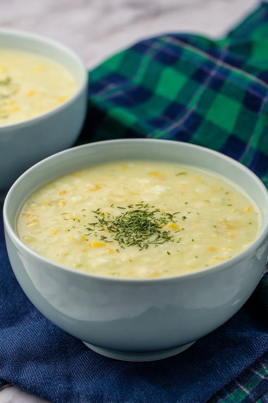 The image shows a close-up of a white bowl filled with pale yellow soup that has a creamy texture with small bits of white and yellow ingredients visible throughout. The soup has a small pile of finely chopped green herbs sprinkled in the center. The bowl sits on a dark navy cloth with a green and blue plaid fabric draped around it. The background is a white marbled surface, giving a clean and simple look. Photo taken with an iphone --ar 2:3 --v 7
