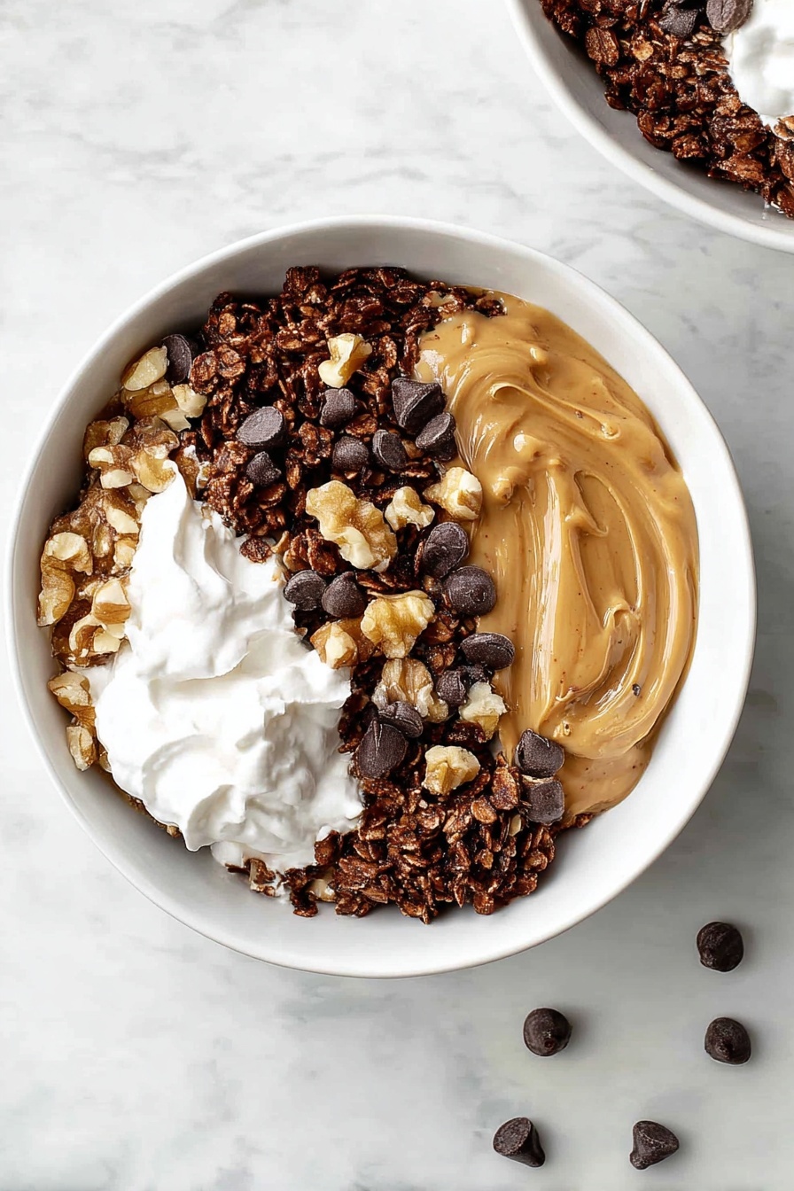 A white bowl filled with a dark brown textured base that looks like a baked mix of oats and chocolate. On top, there is a drizzle of light brown nut butter and scattered light tan walnut halves. On one side of the bowl sits a fluffy white whipped cream swirl. The background and surface are white marble with speckles of dark brown chocolate chips scattered around the bowl. Another similar bowl is partially visible in the bottom left corner, also topped with whipped cream and chocolate chips. Photo taken with an iphone --ar 2:3 --v 7