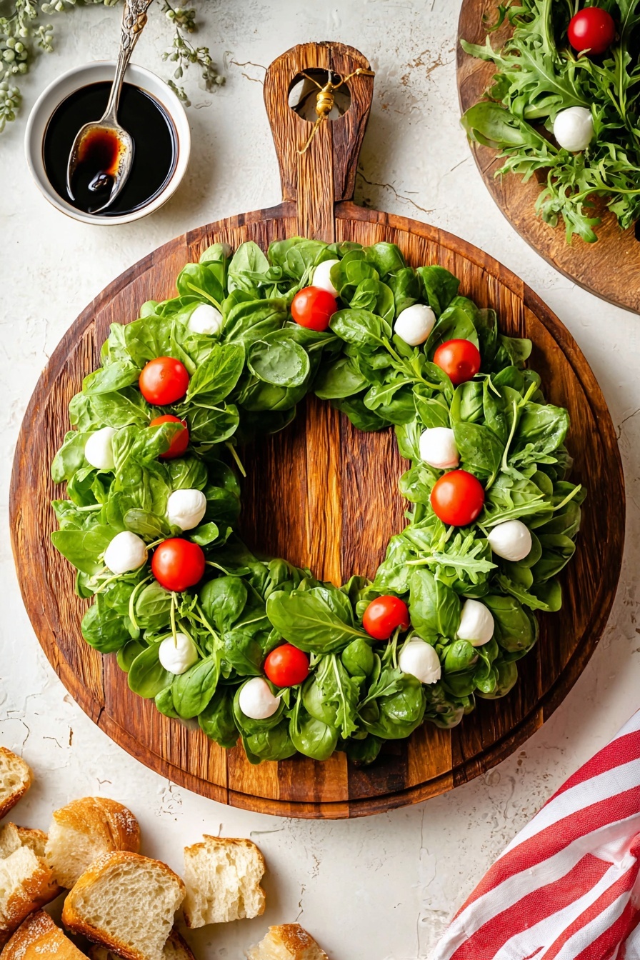 A round wooden board holds a wreath-shaped salad made of green arugula leaves and spinach leaves arranged in a circle, topped with bright red cherry tomatoes and small white mozzarella balls evenly spread across the greens. To the left, there is a small jar of dark balsamic glaze with a metal spoon inside. Below the board, some toasted white bread slices are partially visible. To the right, a small white speckled bowl contains extra mozzarella balls, and a crumpled beige and white striped cloth rests nearby. The background is a white marbled surface. Photo taken with an iphone --ar 2:3 --v 7