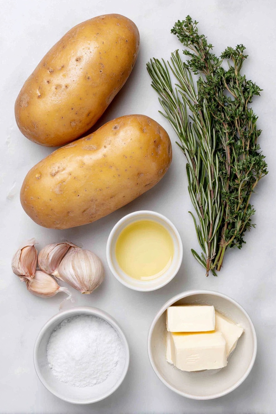 Flat lay of two whole Yukon Gold potatoes with golden skin, two whole uncracked brown garlic cloves, a small white ceramic bowl of coarse kosher salt, a small white bowl with pale yellow butter, a small white bowl filled with clear vegetable oil, a sprig of fresh green rosemary, a few sprigs of fresh curly parsley, and a small white bowl containing a pinch of baking soda, all arranged in perfect symmetry on a clean white marble surface, soft natural light, photo taken with an iPhone, professional food photography style, fresh ingredients, white ceramic bowls, no bottles, no duplicates, no utensils, no packaging --ar 2:3 --v 7 --p m7354615311229779997