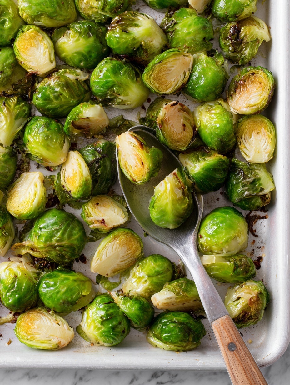 The image shows a white tray filled with roasted Brussels sprouts. The Brussels sprouts are bright green with each one showing some brown, slightly crispy edges that add texture, giving a roasted look. They are spread unevenly across the tray, with some cut in half showing a shiny, soft interior while others are whole. A metal spoon with a wooden handle rests on the tray, scooping some of the Brussels sprouts. The tray sits on a white marbled surface. The overall look is fresh, crispy, and slightly charred, showing the roasted cooking style well photo taken with an iphone --ar 2:3 --v 7