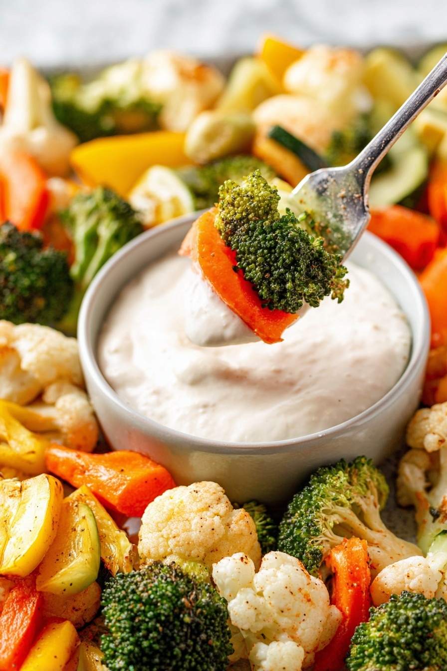 A baking tray filled with roasted vegetables spread out evenly, showing bright orange carrot slices, green broccoli florets, white cauliflower florets, and chunks of green and yellow zucchini. The vegetables have a light brown roasted texture on some edges. On the top right corner, there is a small round white bowl filled with creamy white sauce with a smooth swirl on top. The tray is set on a white marbled surface. photo taken with an iphone --ar 2:3 --v 7