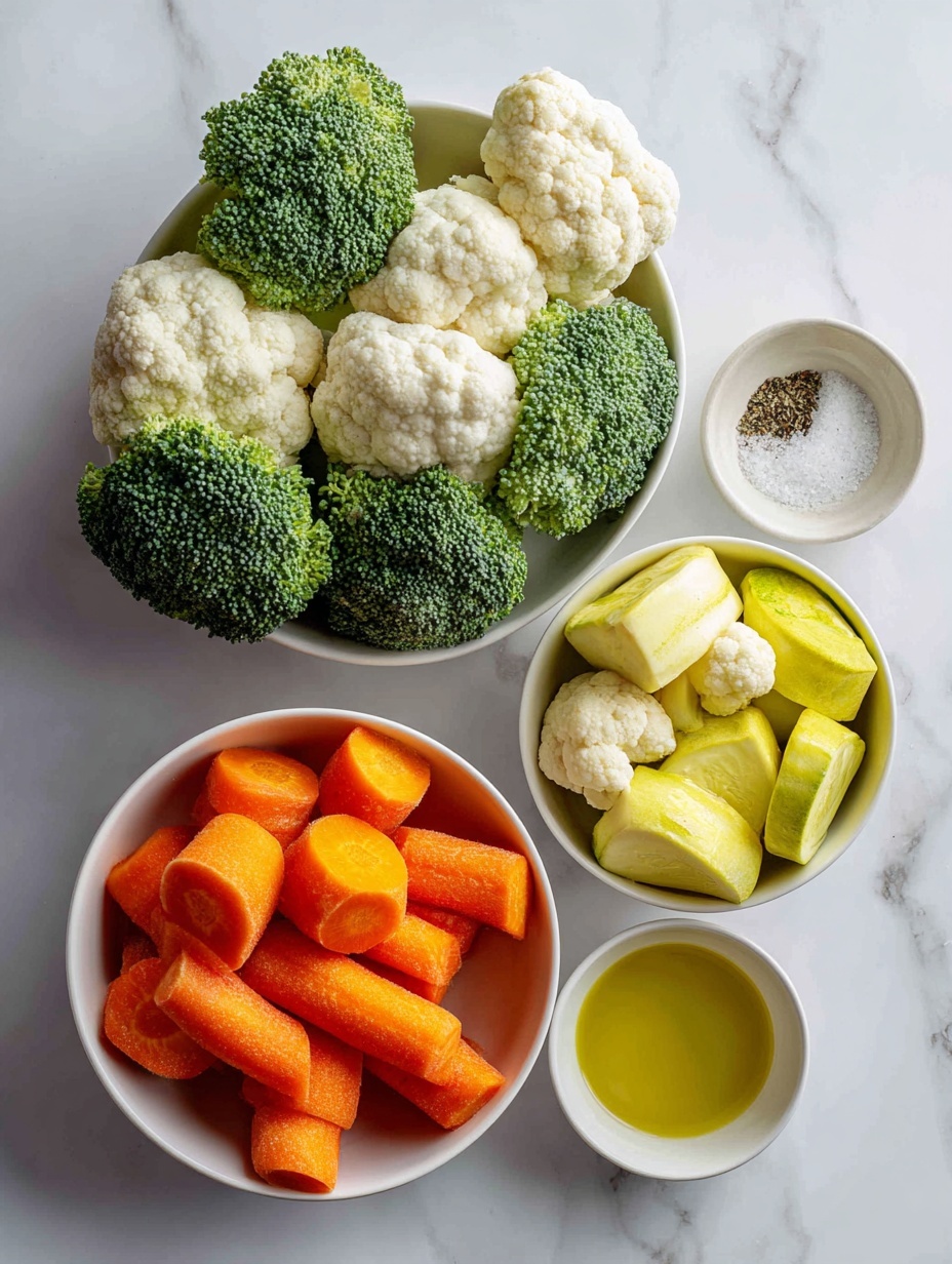 Flat lay of fresh broccoli florets, fresh cauliflower florets, bright orange carrot coins sliced into ¼-inch thick rounds, chopped summer squash pieces including green zucchini and yellow squash, a small white ceramic bowl of golden olive oil, a small white ceramic bowl with mixed seasoning powder, a small white ceramic bowl of fine salt, all arranged in perfect symmetry and realistic proportions, placed on a clean white marble surface, soft natural light, photo taken with an iPhone, professional food photography style, fresh ingredients, white ceramic bowls, no bottles, no duplicates, no utensils, no packaging --ar 2:3 --v 7 --p m7354615311229779997