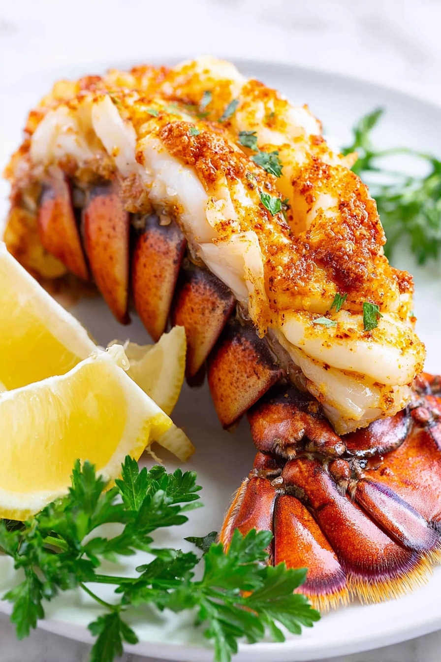 A grilled lobster tail with a bright orange and golden brown top layer showing slight charring and herbs sprinkled over the white, moist inner flesh. The shell is a reddish-orange color with speckled patterns and is located underneath the meat. Two lemon wedges with a pale yellow color are placed on the left side, and fresh green parsley is at the bottom right corner. The food sits on a white plate over a white marbled surface. photo taken with an iphone --ar 2:3 --v 7