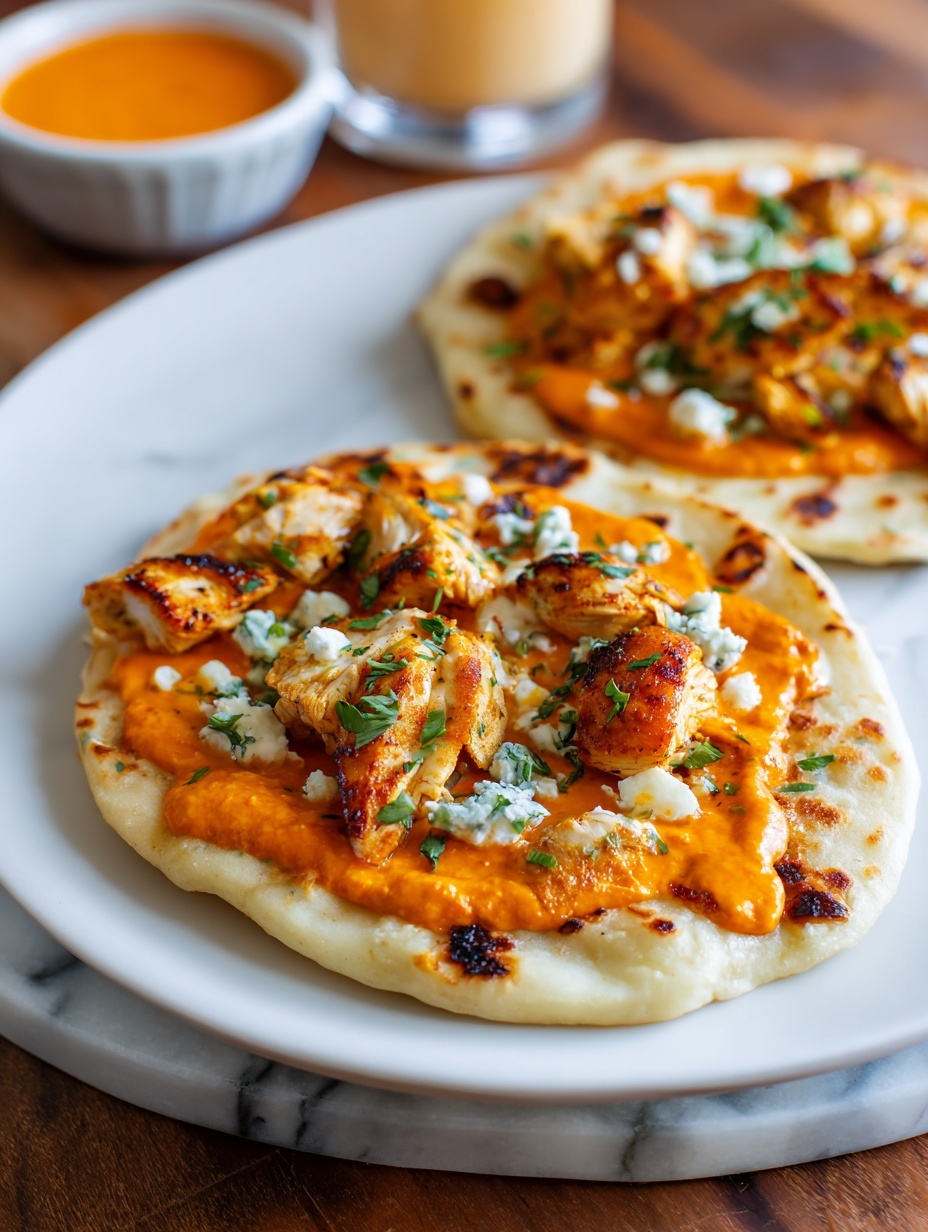The image shows two small flatbreads on a white plate with a green pattern, each topped with a bright orange sauce spread evenly over the base layer, then sprinkled with shredded white cheese. On top, there are small pieces of cooked chicken with a light brown color, mixed with scattered green herbs and small bits of white cheese. To the right side of the plate, there is a folded flatbread wrap filled with the same ingredients, wrapped in white paper tied with a light string. Below the plate, a small bowl contains more orange sauce with a gold spoon resting on the edge, coated in the sauce. The entire scene is set on a white marbled surface. Photo taken with an iphone --ar 2:3 --v 7
