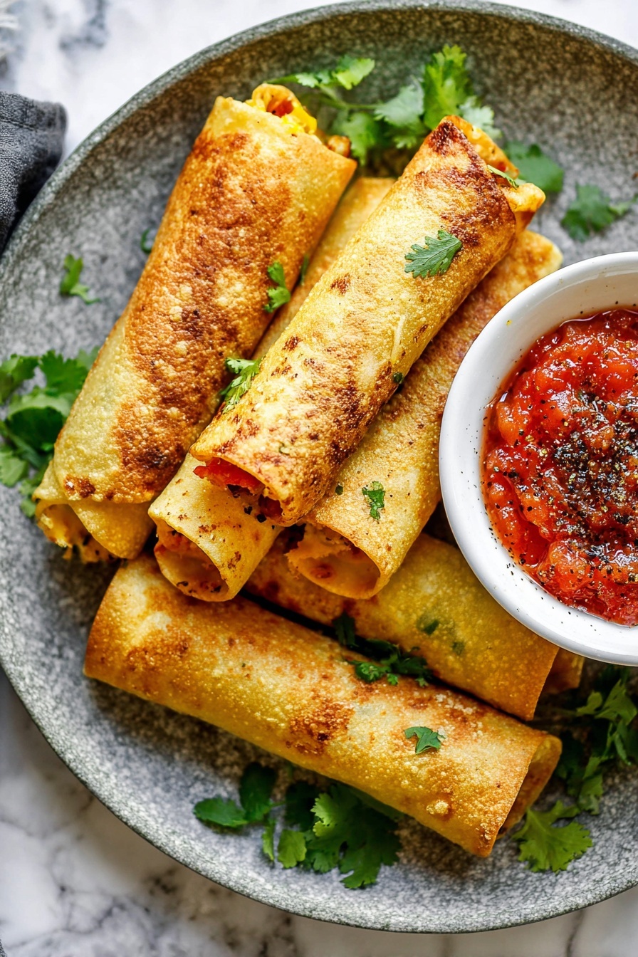 The image shows five golden brown rolled tacos arranged overlapping on a rough-textured white plate with green cilantro leaves scattered underneath and around them, adding bright green color. To the right side of the plate, there is a small white bowl filled with chunky red salsa topped with more cilantro leaves and black pepper flakes. The tacos have a light crispy texture with tiny black pepper specks on their surface. The background is a white marbled texture with a cream cloth and some green cilantro leaves visible in the upper left corner. Photo taken with an iphone --ar 2:3 --v 7