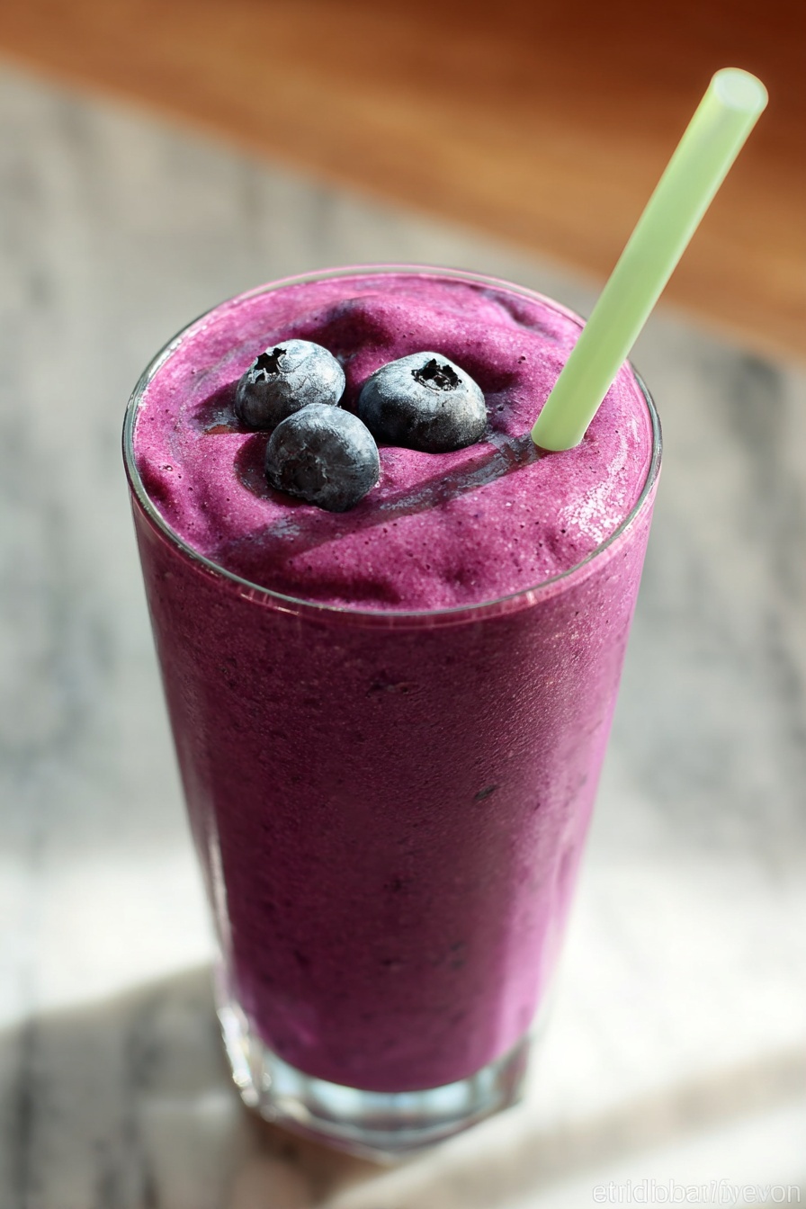 A tall clear glass filled with a thick, smooth purple smoothie topped with three whole blueberries sitting on the surface. A bright green straw is placed inside the smoothie towards the right side. The glass sits on a white marbled textured surface. photo taken with an iphone --ar 2:3 --v 7