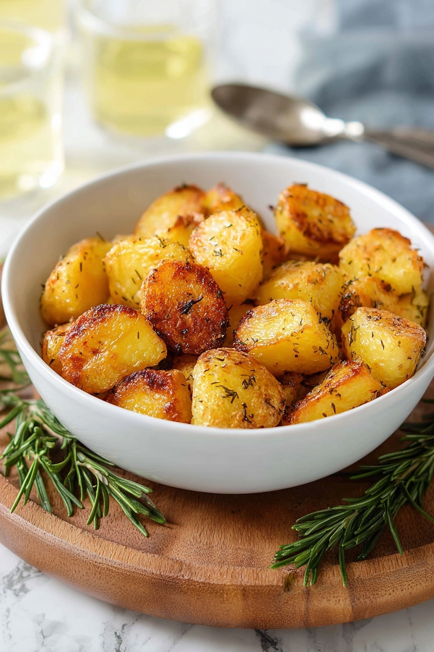 A white bowl filled with golden brown roasted potato pieces, each piece showing a crispy texture with light herb flakes scattered on top, positioned on a round wooden board. The potatoes have a slightly rough, crunchy outside with a softer inside showing through some edges. There are fresh green sprigs of rosemary placed beside the bowl. The background is a white marbled texture with a silver spoon and two glasses with a light yellow drink visible in soft focus. photo taken with an iphone --ar 2:3 --v 7