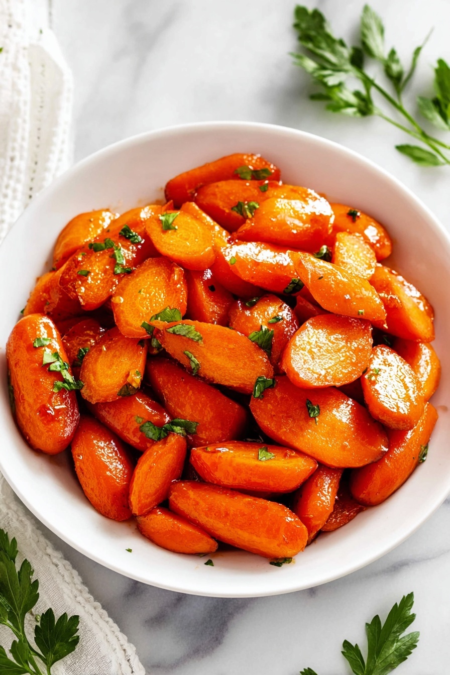 The image shows a bowl full of cooked baby carrots, cut in half or thirds, with a shiny, slightly sticky glaze giving them a rich orange-brown color. The carrots have a smooth texture with visible seasoning, small bits of herbs, and black pepper dots scattered over them. There are also small sprigs of green herbs sprinkled on top for contrast. A silver spoon rests on the edge inside the white bowl, which sits on a white marbled surface. The lighting highlights the glossy finish and warm tones of the carrots photo taken with an iphone --ar 2:3 --v 7