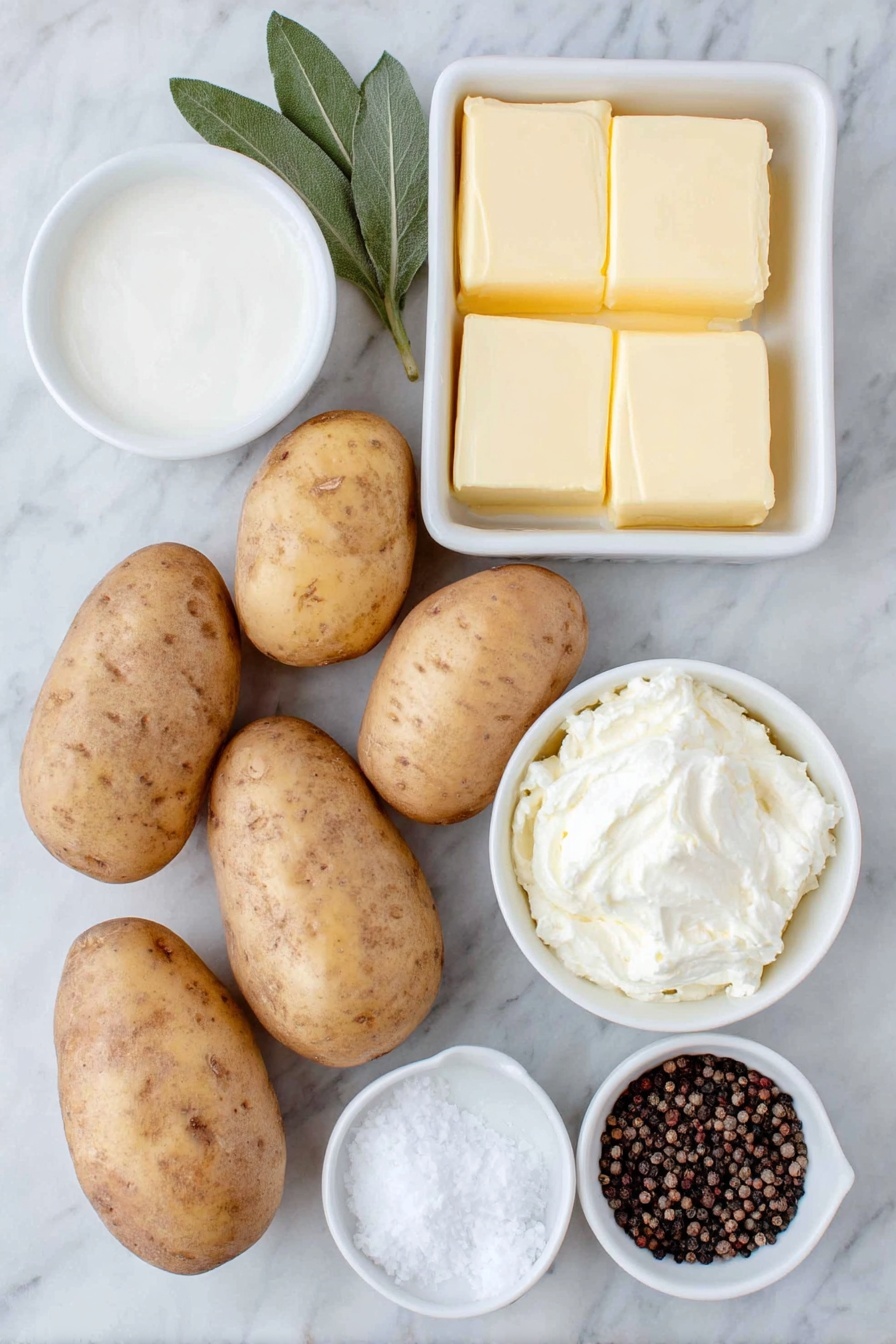 Flat lay of large roughly cut russet potato cubes, a single fresh glossy bay leaf, three thick sticks of unsalted butter softened, a small white ceramic bowl of creamy pale sour cream, a small white ceramic bowl of rich heavy cream, a small white ceramic bowl of fresh milk, small piles of coarse salt and cracked black peppercorns neatly arranged, all placed on a clean white marble surface, soft natural light, photo taken with an iPhone, professional food photography style, fresh ingredients, white ceramic bowls, no bottles, no duplicates, no utensils, no packaging --ar 2:3 --v 7 --p m7354615311229779997