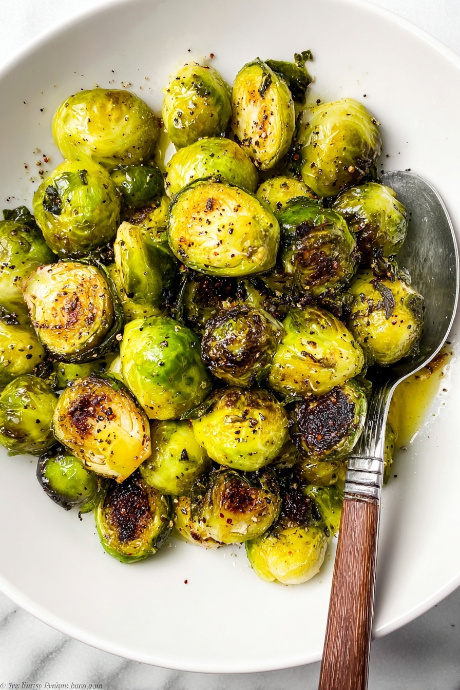 A white plate holds a pile of roasted Brussels sprouts that are bright green with many dark brown, charred spots. The Brussels sprouts are whole and halved, showing a soft, tender texture inside with crispy edges. They are seasoned with black pepper and lightly shiny from oil or butter. A metal spoon with a wooden handle is placed inside the plate, partly buried under the Brussels sprouts. The plate sits on a white marbled surface. photo taken with an iphone --ar 2:3 --v 7