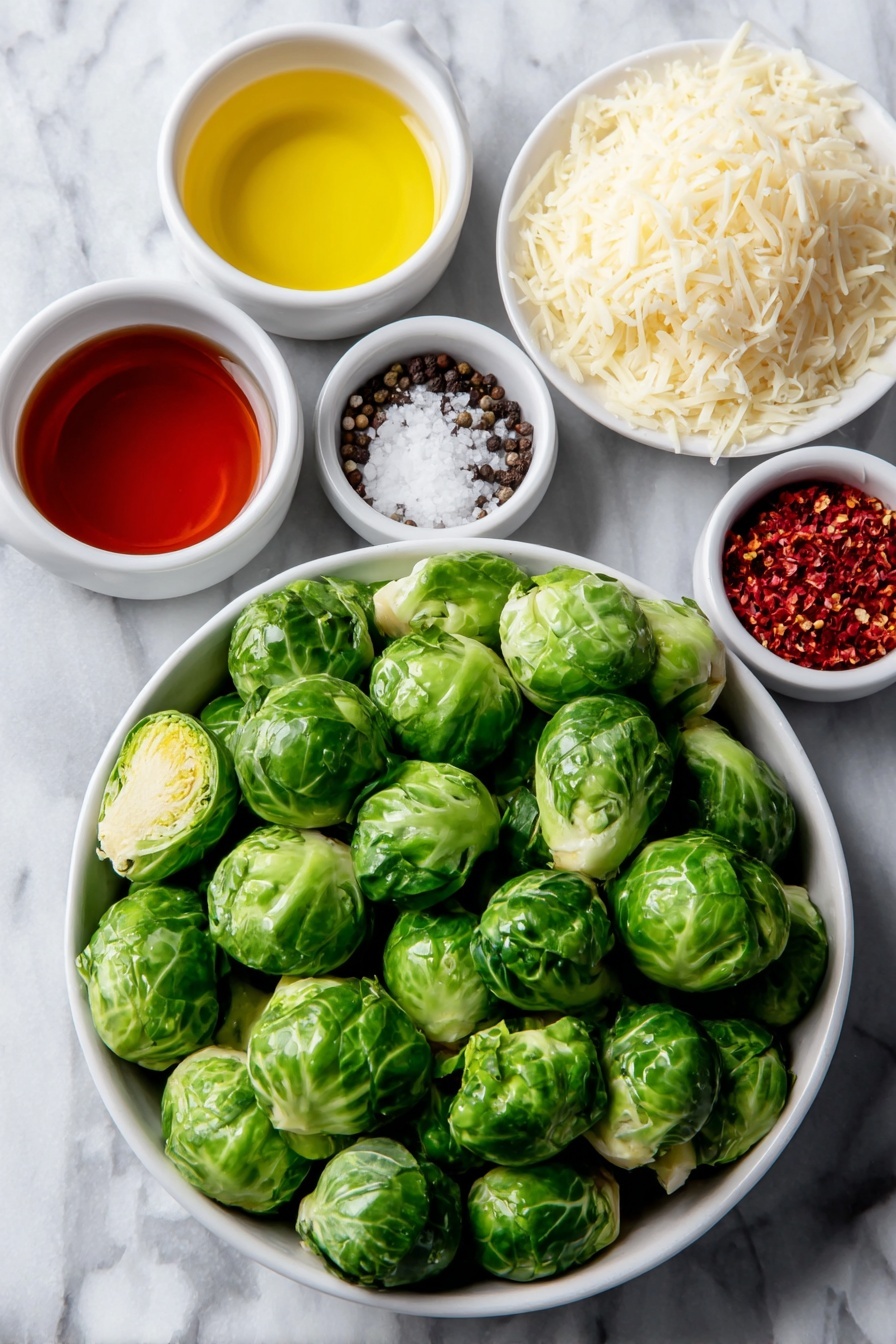 Flat lay of fresh Brussels sprouts halved lengthwise, a small white ceramic bowl of golden olive oil, a small white ceramic bowl of rich amber maple syrup, a small white ceramic bowl of coarse salt crystals, a small white ceramic bowl of cracked black peppercorns, a small white ceramic bowl with bright red pepper flakes, a few wedges of fresh lemon, delicate shavings of freshly grated Parmesan cheese on a simple white ceramic plate, all arranged in perfect symmetry placed on a clean white marble surface, soft natural light, photo taken with an iPhone, professional food photography style, fresh ingredients, white ceramic bowls, no bottles, no duplicates, no utensils, no packaging --ar 2:3 --v 7 --p m7354615311229779997