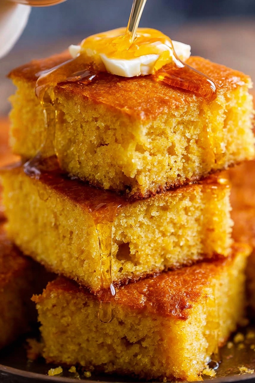 The image shows a stack of three thick, square pieces of golden yellow cornbread with a slightly crisp, browned crust. The top piece has a small pat of yellow butter melting slowly in the center, spreading a glossy sheen, with amber syrup drizzled unevenly over it and dripping down the sides. The cornbread texture looks soft and crumbly inside, with the stacked pieces positioned closely together against a white marbled background. Photo taken with an iphone --ar 2:3 --v 7