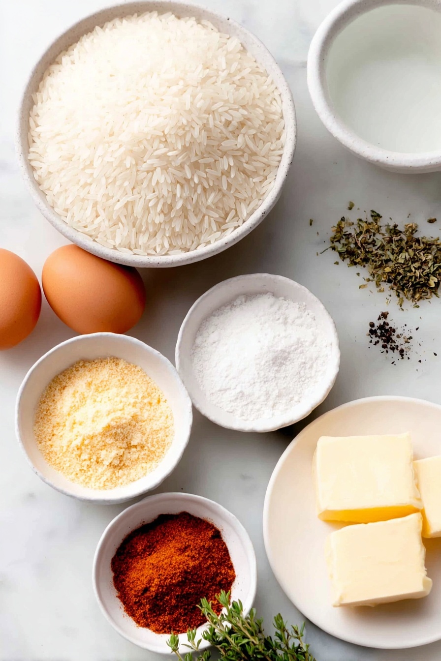 Flat lay of a small mound of uncooked long grain white rice, a small white ceramic bowl filled with clear cold water, two whole uncracked brown eggs, small white ceramic bowls each containing granular chicken bouillon powder, pale yellow garlic powder, fine onion powder, vibrant red paprika powder, dried green thyme leaves, dried parsley flakes, fine white salt, and freshly ground black peppercorns, and a few pats of smooth unsalted butter on a simple white ceramic plate placed on a clean white marble surface, soft natural light, photo taken with an iPhone, professional food photography style, fresh ingredients, white ceramic bowls, no bottles, no duplicates, no utensils, no packaging --ar 2:3 --v 7 --p m7354615311229779997