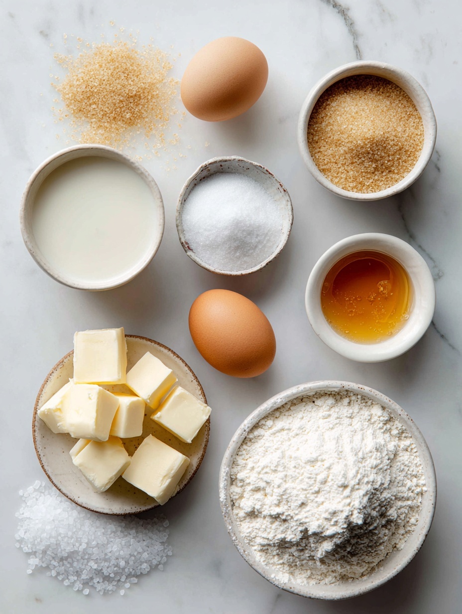 Flat lay of a small white ceramic bowl of warm milk, a few granulated sugar crystals scattered nearby, a small white ceramic bowl with active dry yeast granules, a small white ceramic bowl of golden honey, a small pile of coarse salt crystals, one large whole brown egg with a clean shell, a mound of all-purpose flour, several small cubes of unsalted butter, placed on a clean white marble surface, soft natural light, photo taken with an iPhone, professional food photography style, fresh ingredients, white ceramic bowls, no bottles, no duplicates, no utensils, no packaging --ar 2:3 --v 7 --p m7354615311229779997
