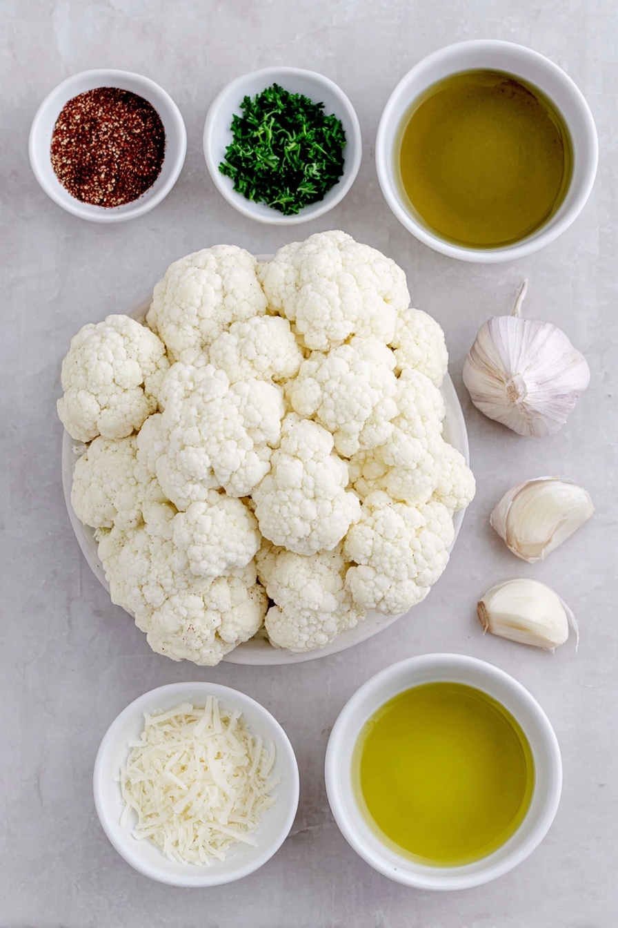 Flat lay of a medium head of cauliflower cut into florets arranged neatly, three whole garlic cloves, a few sprigs of finely chopped fresh parsley, a small white ceramic bowl filled with extra-virgin olive oil, a small white ceramic bowl containing paprika powder, a small white ceramic bowl with kosher salt, a small white ceramic bowl with cracked black pepper, a small white ceramic bowl holding grated Parmesan cheese, a small white ceramic bowl with fresh lemon juice all placed on a clean white marble surface, soft natural light, photo taken with an iPhone, professional food photography style, fresh ingredients, white ceramic bowls, no bottles, no duplicates, no utensils, no packaging --ar 2:3 --v 7 --p m7354615311229779997