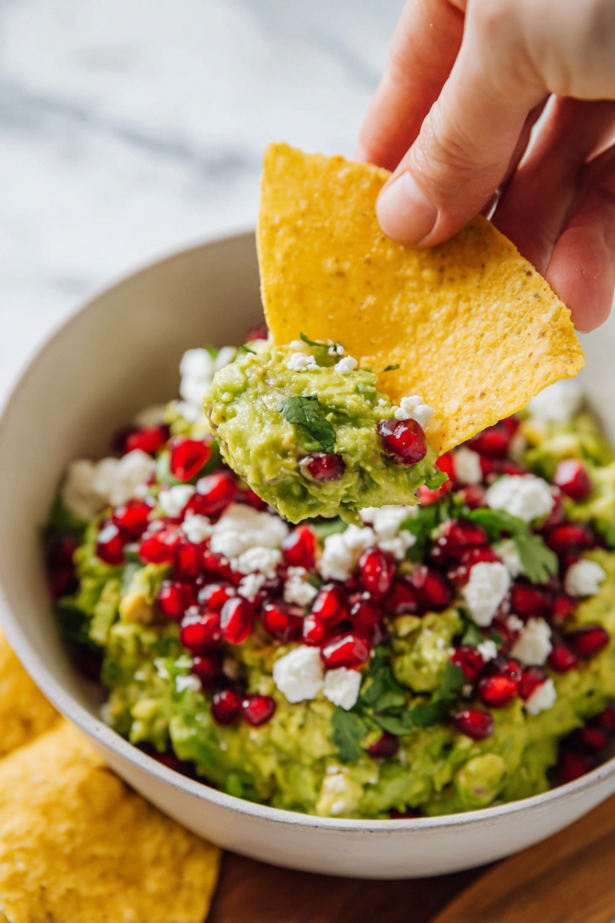 A white bowl holds a thick green guacamole base, topped with bright red pomegranate seeds, white crumbled cheese, and fresh green cilantro leaves scattered around. A large, triangular yellow corn chip is partially dipped into the guacamole on the left side of the bowl. The bowl sits on a round wooden tray with more yellow corn chips spread around it. A small bunch of cilantro lies next to the bowl on the right side. The tray is placed on a white marbled surface with a dark blue cloth partially visible on the left side. Photo taken with an iphone --ar 2:3 --v 7