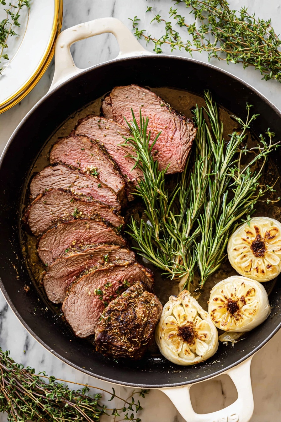 The image shows two thick slices of roast beef with a pink center and a brown crust, stacked slightly on a white plate with a roasted half garlic bulb on the side. Each slice has a smooth, creamy white sauce with small black specks spread over the top center, adding contrast. A green sprig of rosemary lies near the garlic, adding color and texture. The plate sits on a white marbled surface, with some rosemary and garlic bulbs blurred in the background. The lighting is natural, highlighting the moist texture of the beef and the smoothness of the sauce. photo taken with an iphone --ar 2:3 --v 7