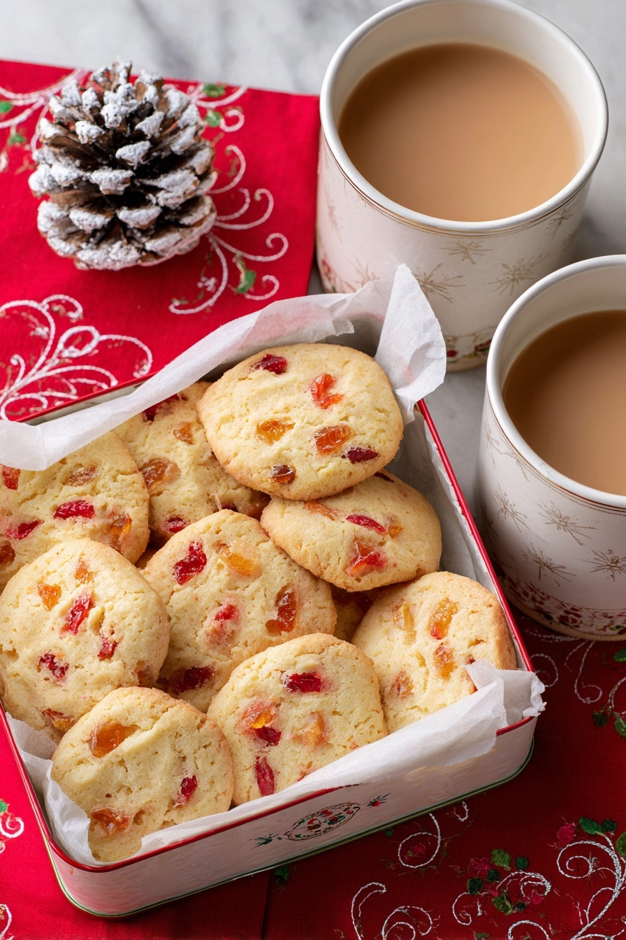 Three round cookies with red fruit pieces and light brown nuts are stacked on a white cloth with 