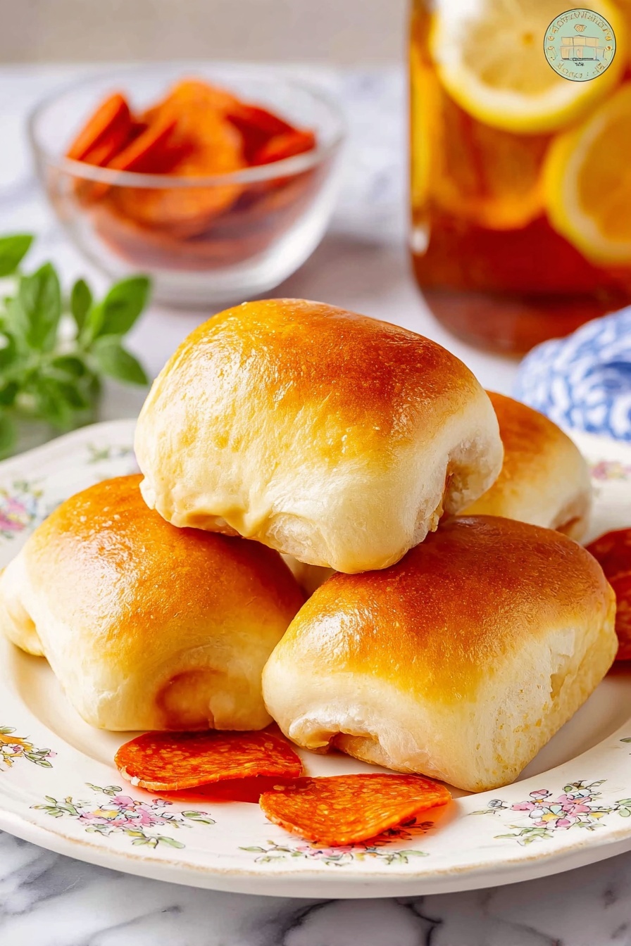 The image shows four golden brown rolls with smooth, shiny tops and slightly rounded edges, resting closely together on a white plate with faint floral patterns. Around the rolls are several thin, bright red pepperoni slices with a slightly oily texture. In the background, there is a clear glass container filled with a light brown liquid and lemon slices, sitting on a white marbled surface along with a small bunch of fresh green herbs. The overall setting has warm, inviting colors with natural light highlighting the rolls' soft, fluffy texture. Photo taken with an iphone --ar 2:3 --v 7