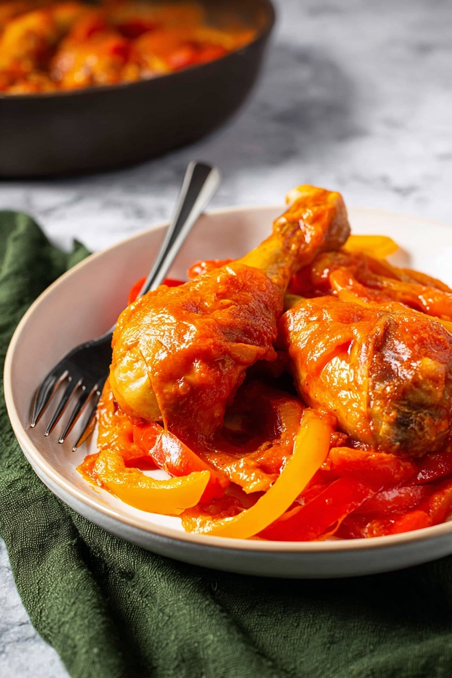 A black bowl filled with a vibrant orange-red stew containing several layers of chicken pieces covered in a thick sauce, with visible strips of yellow and red bell peppers mixed throughout. The chicken pieces are plump and glossy, sitting within the chunky sauce that has bits of cooked tomatoes and onions. The bowl is placed on a dark green textured cloth on a white marbled surface, with slices of white bread on a wooden board in the background. The lighting highlights the juicy, rich texture of the stew, making it look warm and savory photo taken with an iphone --ar 2:3 --v 7