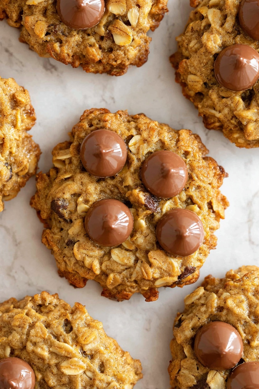 The image shows several round oatmeal cookies with melted chocolate chips on top, placed on parchment paper. Each cookie has a rough texture from the oats, with the chocolate chips creating small smooth, shiny brown spots spread unevenly over the golden-brown cookie surface. The cookies appear soft and chewy with slightly crisp edges. The parchment paper underneath has slight grease marks. One cookie is broken, revealing the soft inside, and a few chocolate chips are scattered nearby. The background is a white marbled texture photo taken with an iphone --ar 2:3 --v 7