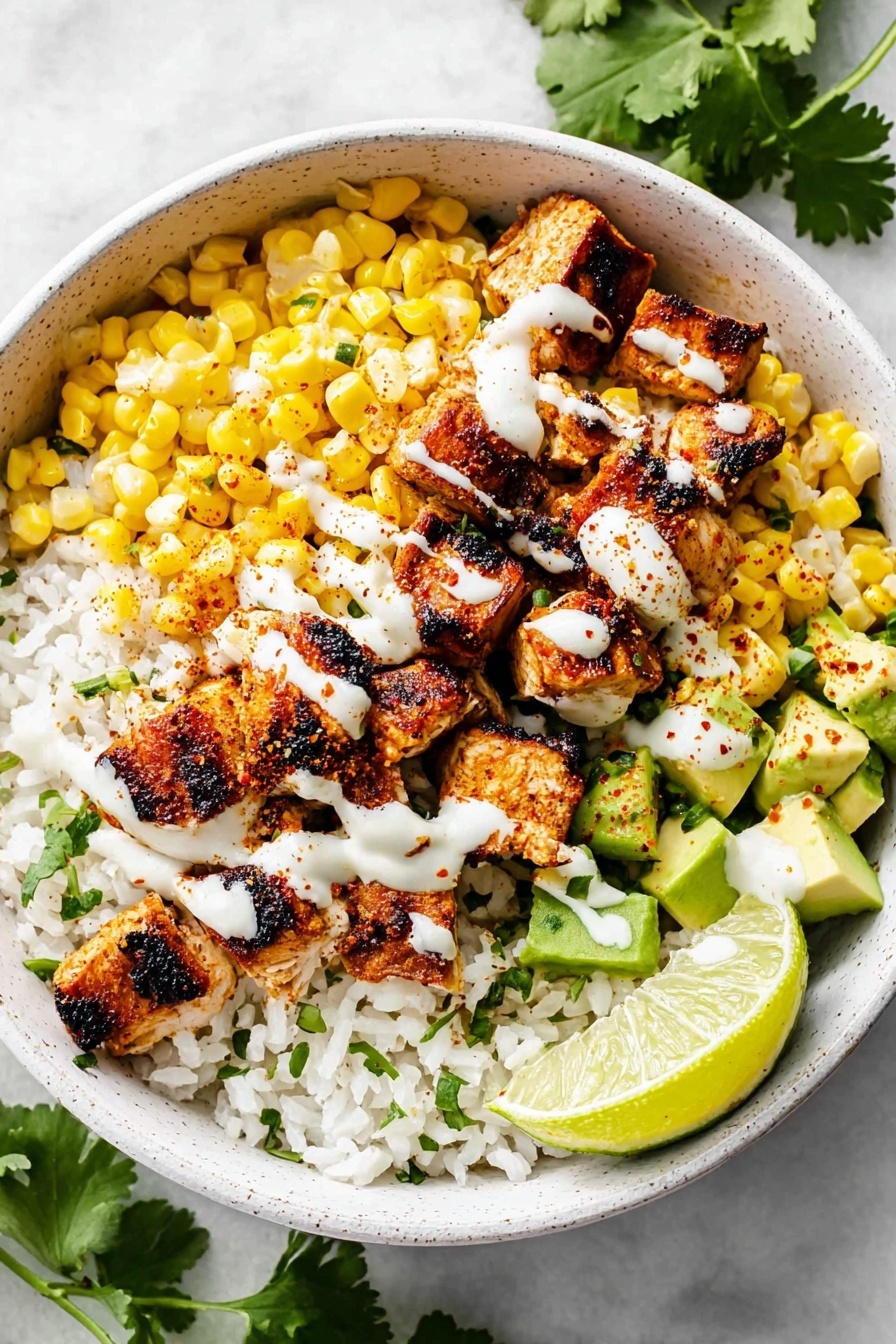 A white bowl filled with three main layers: the bottom layer is soft white rice with some coriander leaves mixed in, the middle layer shows bright yellow corn kernels topped with fresh green avocado chunks and cilantro leaves, and the top layer has grilled chicken pieces with a charred, reddish-brown crust drizzled with a smooth white sauce sprinkled lightly with chili powder. A lime wedge sits on the edge of the bowl, all placed on a white marbled surface. photo taken with an iphone --ar 2:3 --v 7