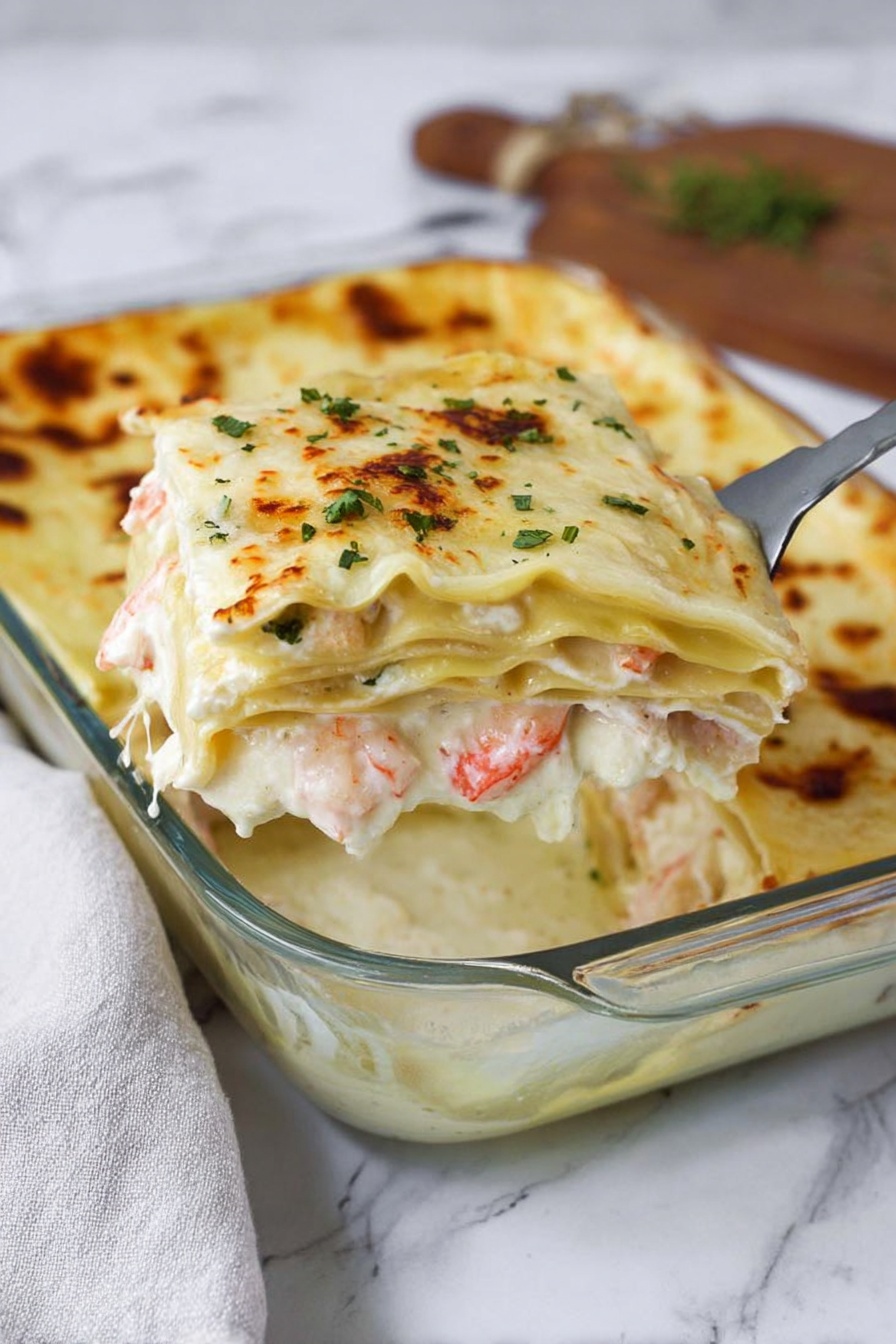 A clear glass baking dish holds a creamy lasagna, with the top layer golden and slightly browned in spots, garnished with small green herbs. The dish is cut, showing multiple layers: a smooth white sauce layer on top, then soft pasta sheets, a mix of white cheese and crab meat chunks with a pinkish-red accent, another pasta layer, and creamy cheese at the bottom. A metal spatula lifts one slice, showing the thick, creamy texture and layered filling inside. The dish is set on a white marbled surface with a blurred grey background. photo taken with an iphone --ar 2:3 --v 7