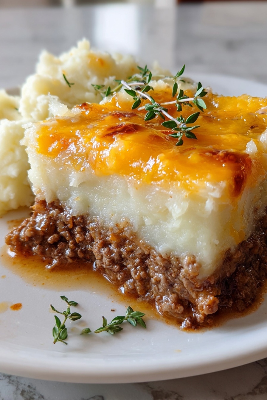 The dish is a close-up view of a layered casserole on a white plate sitting on a white marbled surface. The bottom layer is a thick, textured brown ground meat. Above that is a smooth, bright white mashed potato layer, topped with a glossy layer of melted cheddar cheese that has a shiny, orange-yellow color with some browned spots. A small sprig of green herbs lies on top as garnish. In the background, more mashed potatoes are visible, slightly blurred. Photo taken with an iphone --ar 2:3 --v 7