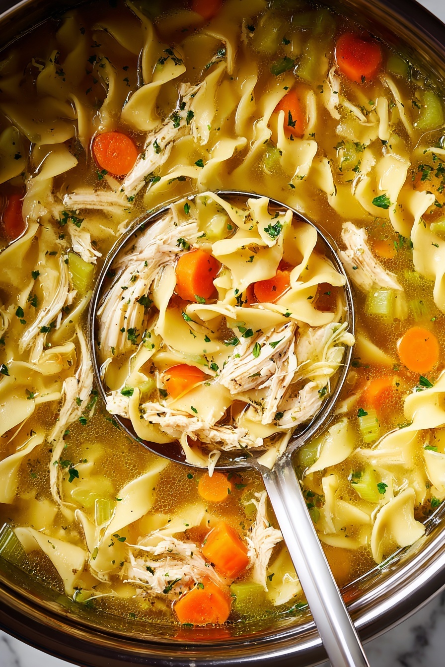 The image shows a close-up of a soup with three main layers. The top layer has white wide egg noodles folded and mixed with shredded white chicken pieces spread throughout. The middle layer has bright orange carrot slices and light green celery pieces mixed evenly among the noodles and chicken. The bottom layer is a clear golden broth with small bits of translucent onion floating inside. There is some chopped green parsley sprinkled over the soup, adding specks of color. A silver ladle holds some of the soup in the lower right section of the image, showing all the layers clearly inside it. The soup is inside a stainless steel pot resting on a white marbled surface. photo taken with an iphone --ar 2:3 --v 7