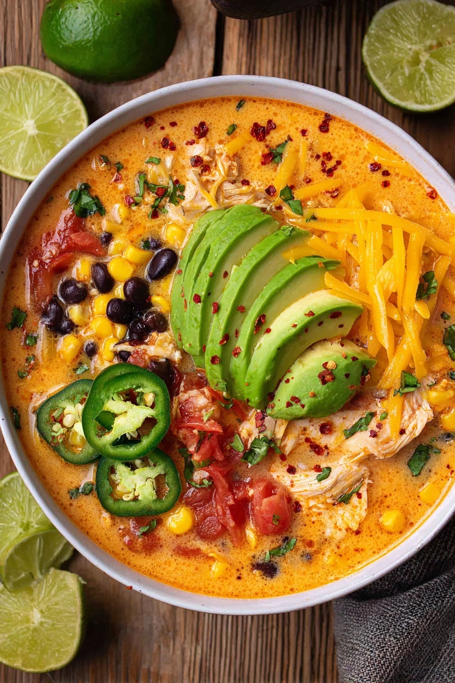 A white bowl filled with creamy orange soup that has a smooth texture mixed with pieces of white shredded chicken scattered throughout. On top, there are several toppings arranged in layers: bright yellow corn kernels, black beans, small red tomato pieces, and sliced green jalapeños. Sliced green avocado chunks are placed mostly on the center right side, with a few lime wedges sitting on the left side of the bowl. Shredded bright orange cheddar cheese covers part of the soup near the lime wedges. The bowl is set on a wooden table with additional lime wedges and a silver spoon resting beside it. The overall look is colorful and fresh with a white marbled texture background. photo taken with an iphone --ar 2:3 --v 7