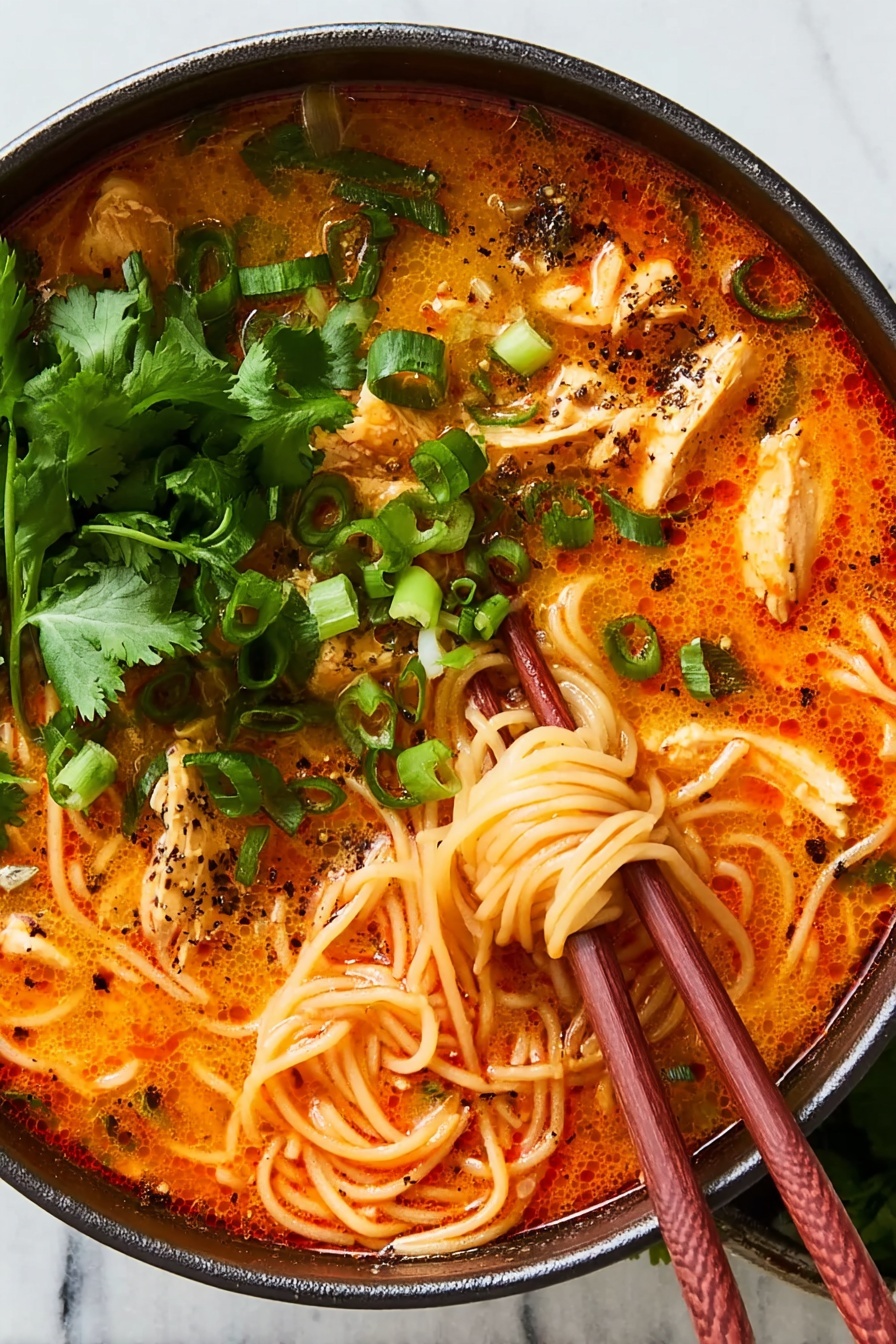 A close-up view of a dark bowl filled with a rich orange-red soup with thin noodles swirling through it, showing a soft texture and gentle broth. Several light brown chunks of cooked chicken sit scattered in the soup, sprinkled with black pepper. Bright green sliced scallions and fresh cilantro leaves rest on top, adding freshness and a burst of color. A pair of wooden chopsticks picks up some noodles from the right side of the bowl. The bowl sits on a white marbled surface. Photo taken with an iphone --ar 2:3 --v 7
