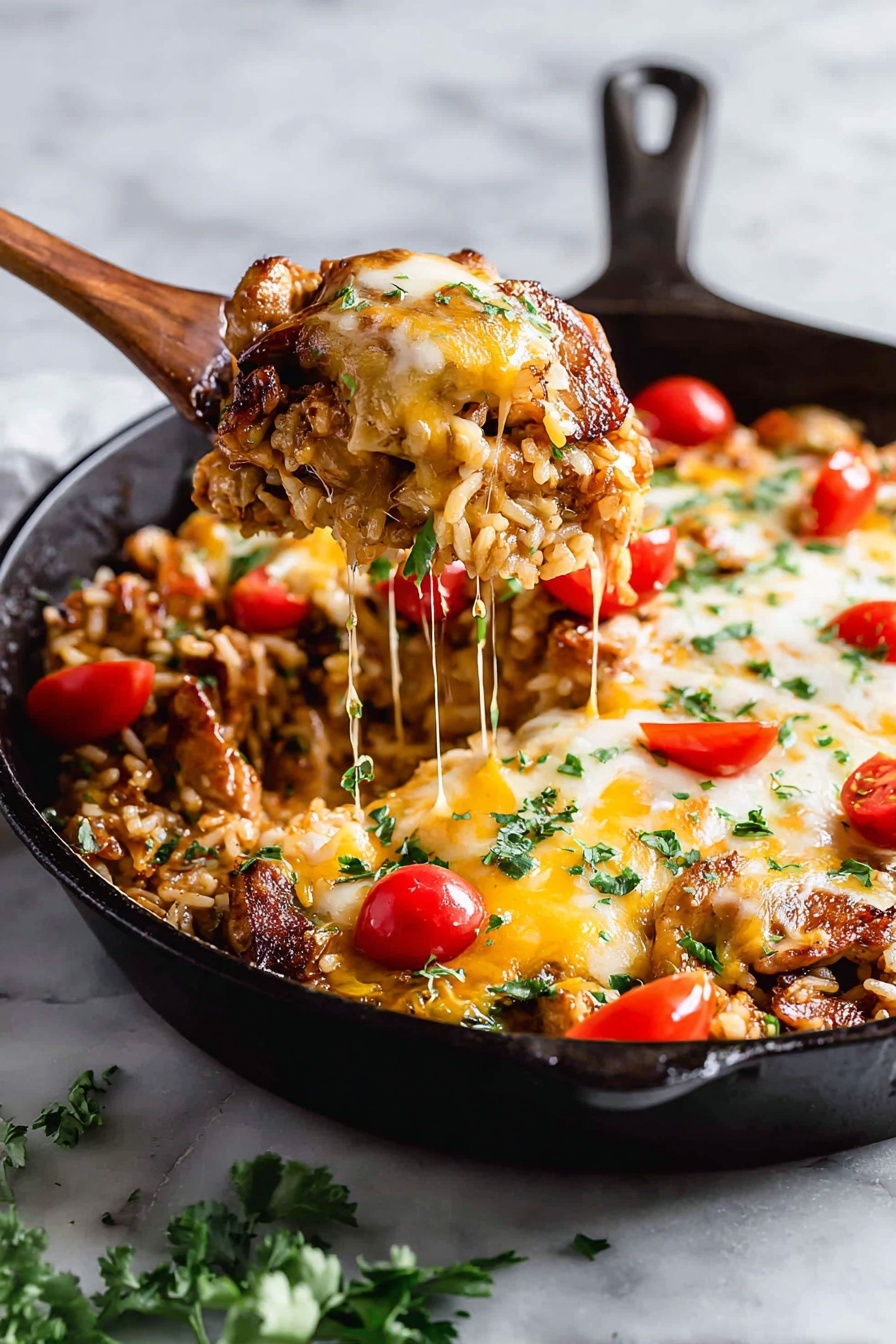 The image shows a black cast iron pan filled with a layered chicken and cheese dish. The bottom layer is a grain or rice mix with visible specks of corn and beans, topped with a layer of melted cheese that is creamy yellow and white. On top of the cheese layer are pieces of cooked chicken with brown, glistening skin sprinkled with fresh green herbs. Scattered around the chicken and cheese are small, bright red tomato pieces and chopped green herbs. A wooden spoon held by a woman's hand is lifting a portion, showing melted cheese strings stretching from the pan. The dish sits on a white marbled surface with a small bunch of fresh herbs nearby. Photo taken with an iphone --ar 2:3 --v 7