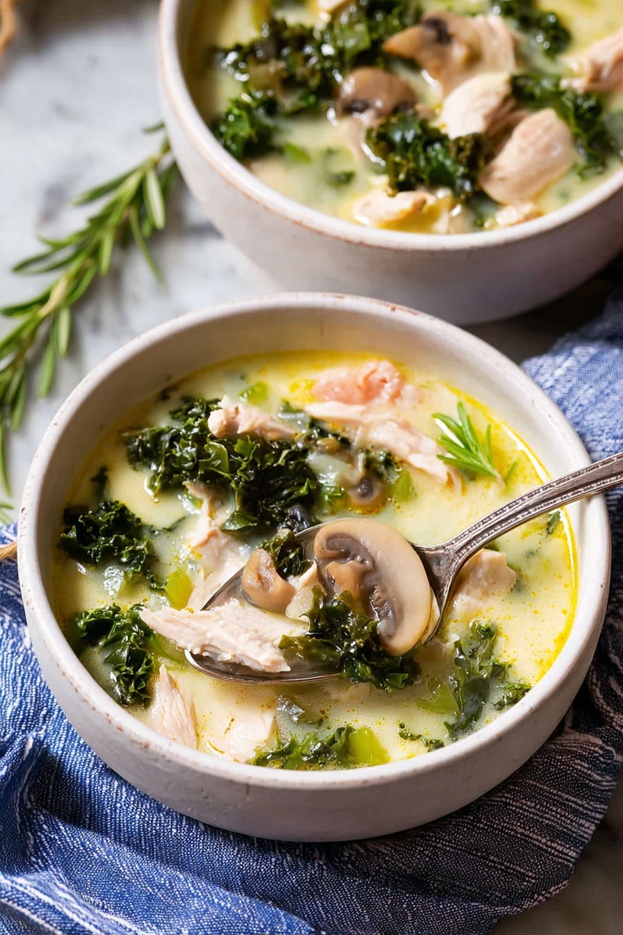 The image shows two white bowls filled with creamy soup. Each bowl has several layers including pieces of light pink cooked chicken, bright green kale leaves, pale white sliced mushrooms, and small bits of yellow vegetables mixed in a thick and smooth light yellow broth. There is a spoon dipping into the nearer bowl, holding up a scoop of the soup with chicken, kale, and broth visible. The bowls are set on a blue and white striped cloth on a white marbled surface, and fresh green rosemary sprigs lie beside them. The lighting is natural and bright, highlighting the creamy texture and fresh ingredients in the soup photo taken with an iphone --ar 2:3 --v 7