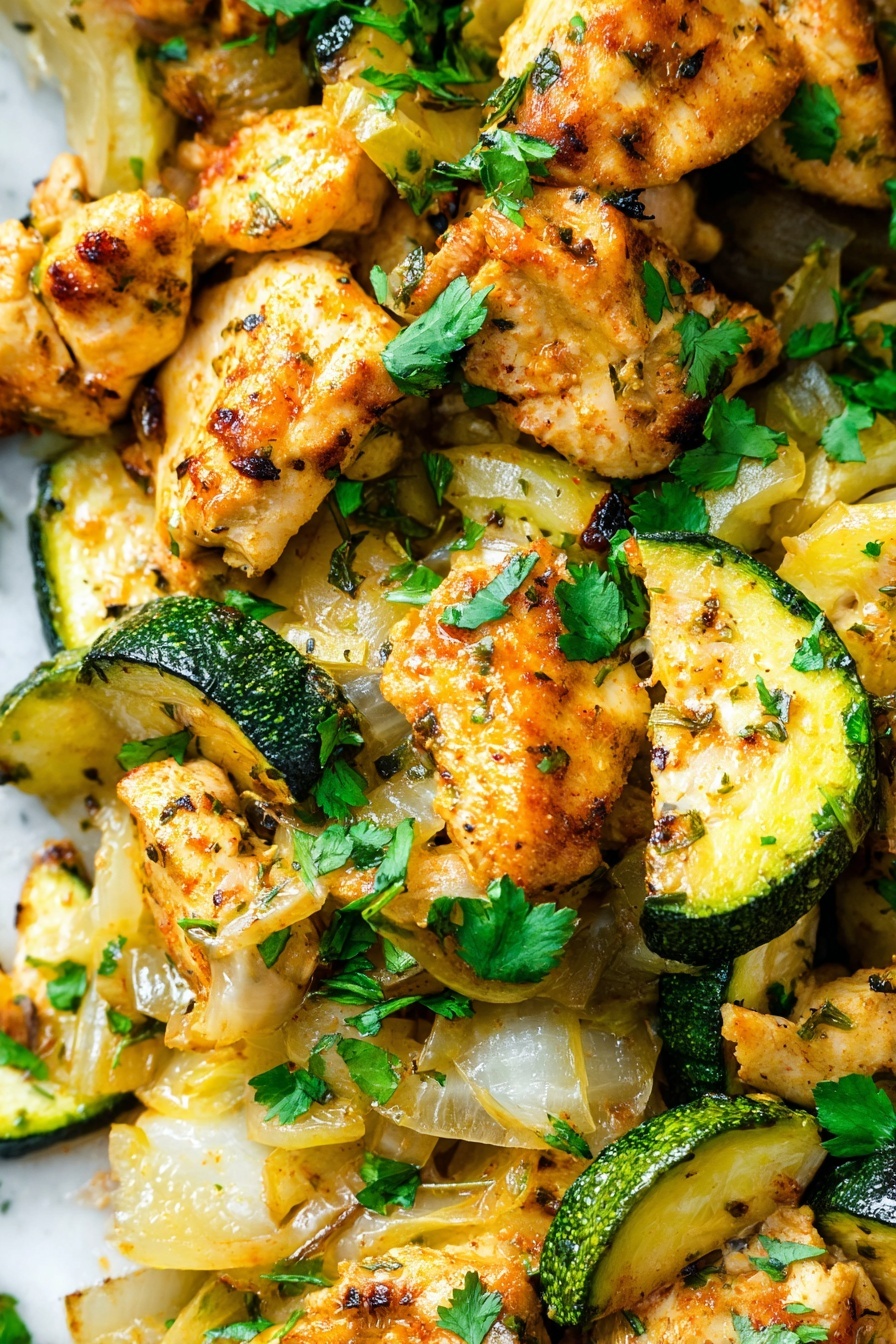 A white bowl filled with two main layers sits on a white marbled surface. The bottom layer is light yellow rice with visible grains. On top, there is a mix of golden-brown cooked chicken pieces, small zucchini chunks with green skin and yellow flesh, and light-colored onion pieces. The dish is garnished with bright green fresh cilantro leaves and sprinkled lightly with red spice powder. A silver fork with intricate floral designs rests on the left side of the bowl. Photo taken with an iphone --ar 2:3 --v 7