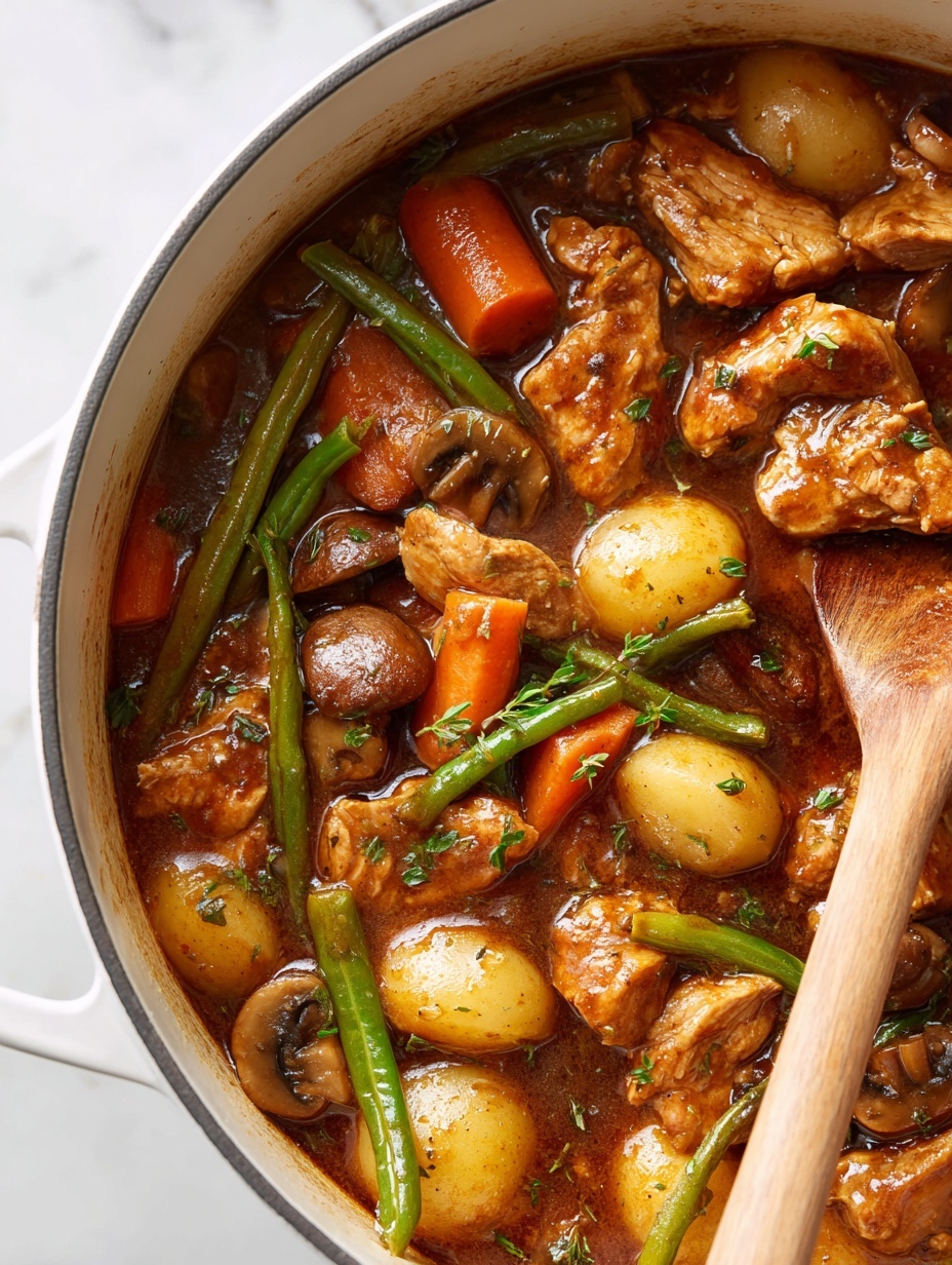 The image shows a close-up of a rich brown stew filled with large chunks of vegetables and meat. There are sliced mushrooms with a tan color and smooth texture, bright orange carrot pieces cut into thick slices, green beans whole and vibrant, small round yellow potatoes, and generous pieces of dark brown meat. The stew has a thick, glossy sauce that coats everything, with small bits of fresh green herbs sprinkled on top for color. A wooden spoon is partially visible on the right side, resting in the stew. The background surface is white marble. photo taken with an iphone --ar 2:3 --v 7
